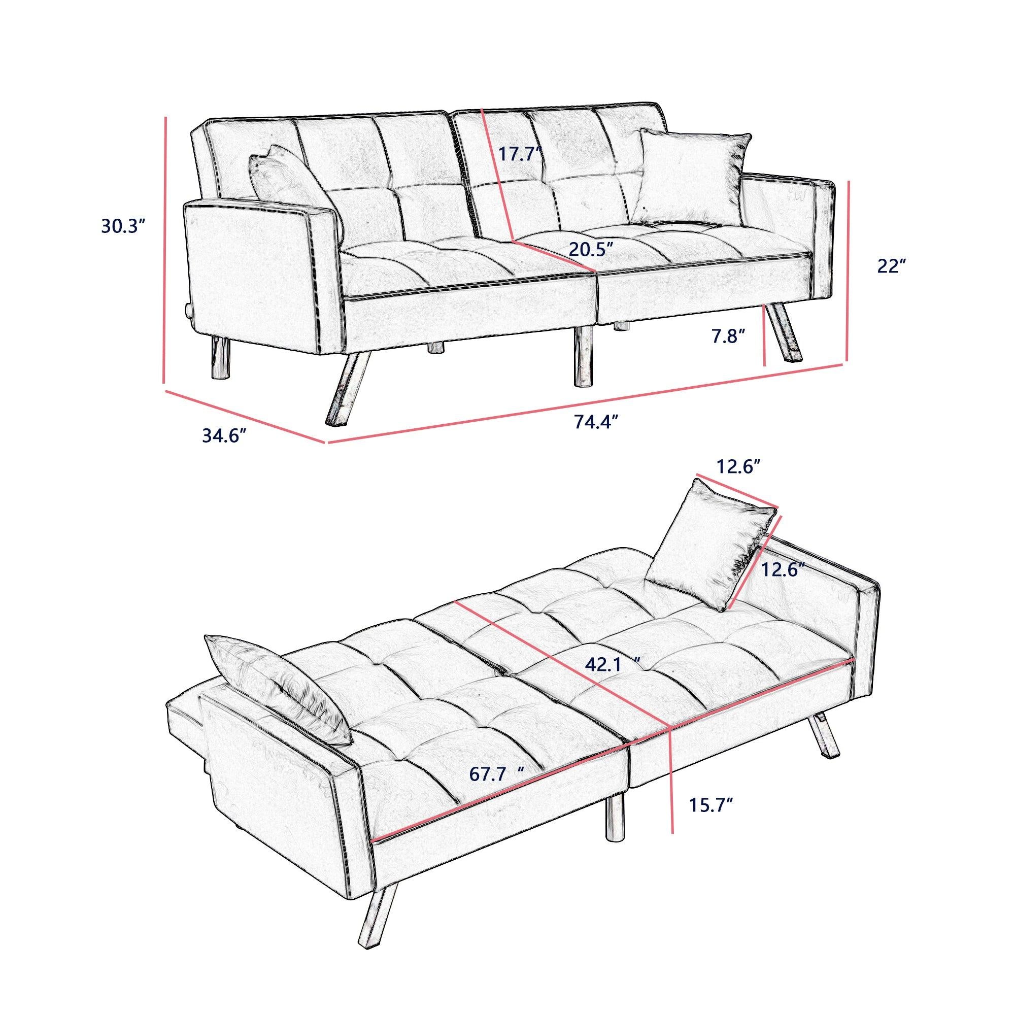 Modern Velvet Sofa Couch Bed with Armrests and 2 Pillows for Living Room and Bedroom .(YELLOW)