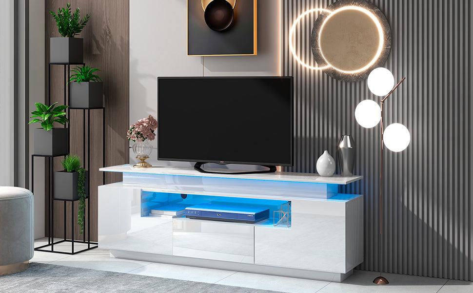 Modern, Stylish Functional TV stand with Color Changing LED Lights, Universal Entertainment Center, High Gloss TV Cabinet for 75+ inch TV, White