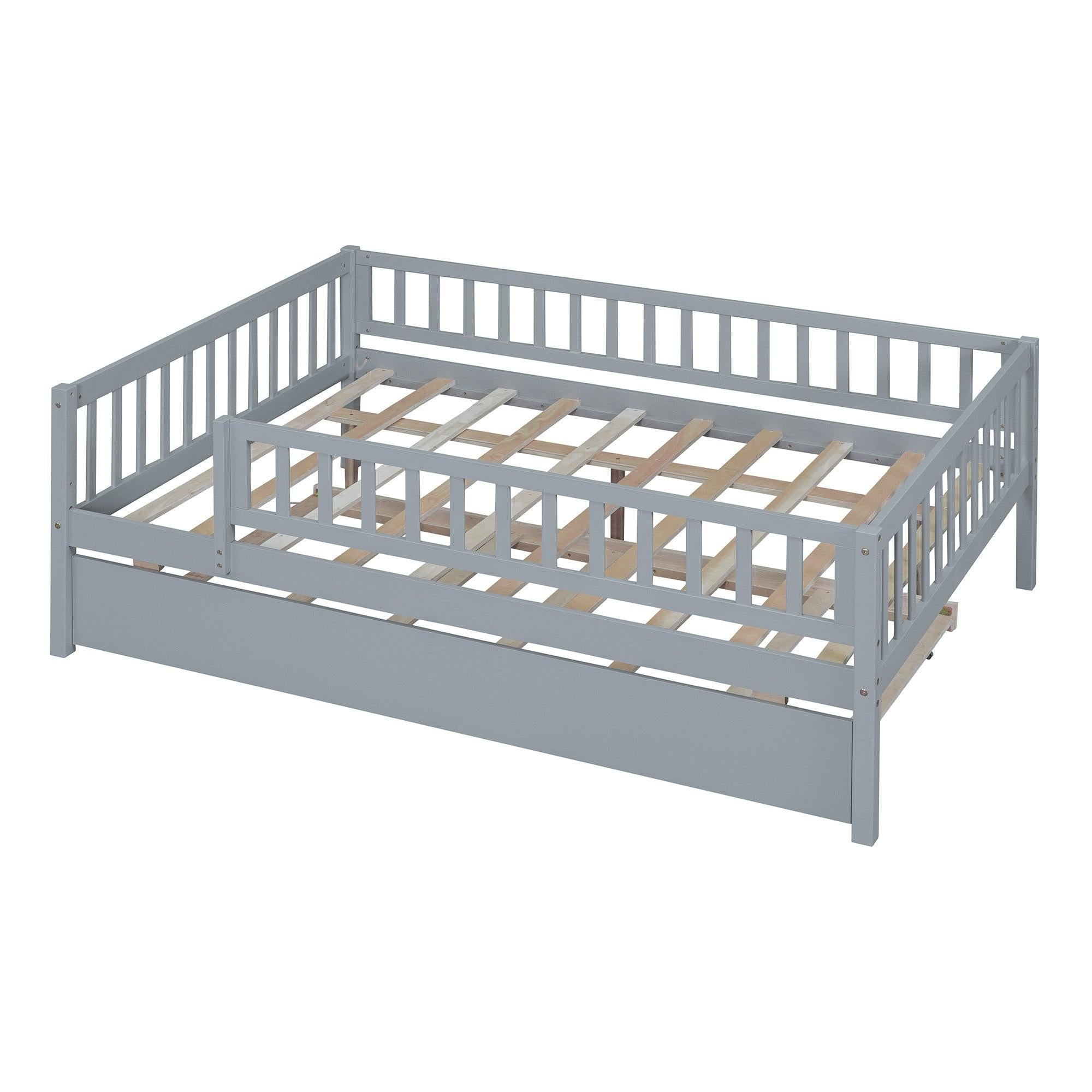 Full Size Wood Daybed with Trundle and Fence Guardrails, Gray