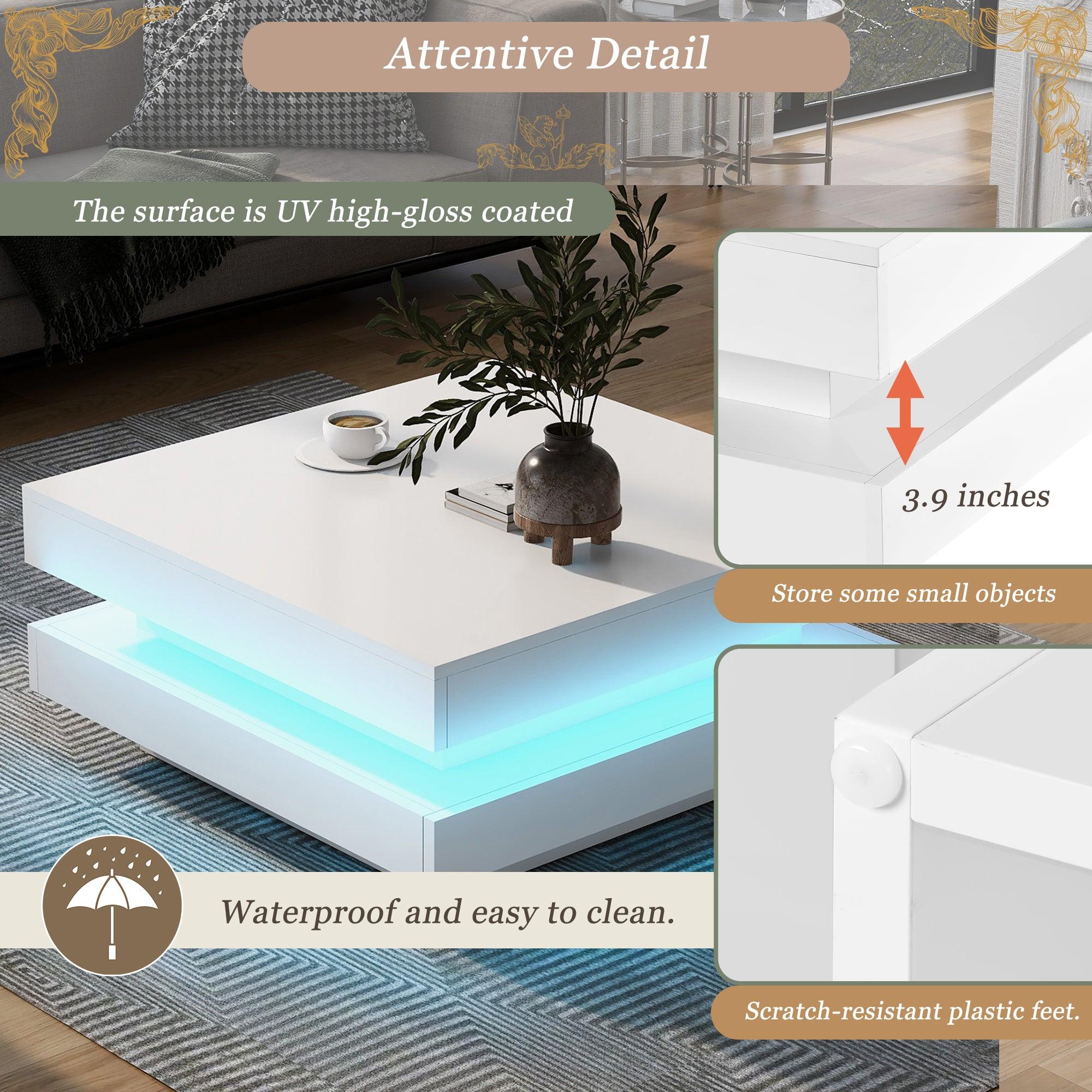 High Gloss Minimalist Design with plug-in 16-color LED Lights, 2-Tier Square Coffee Table, Center Table for Living Room, 31.5”x31.5”x14.2”, White