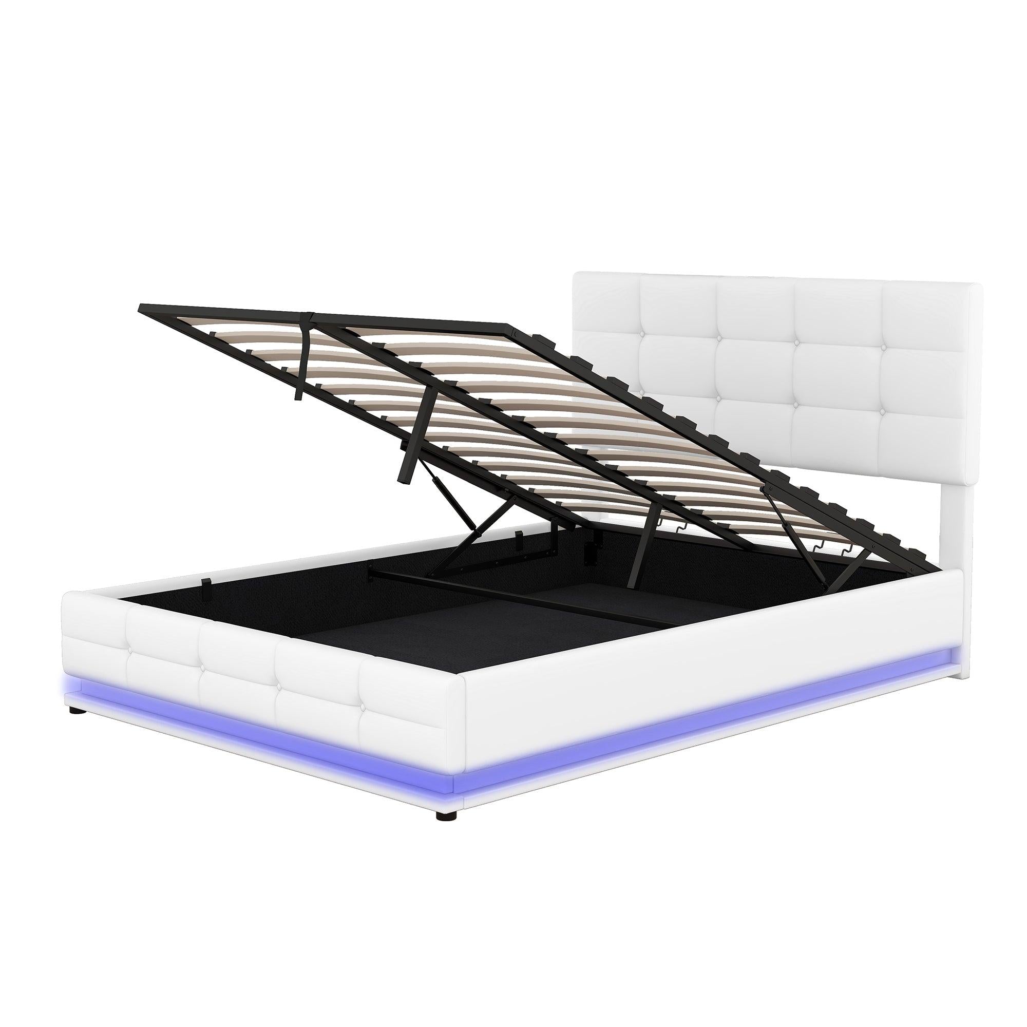 Full Size Tufted Upholstered Platform Bed with HydraulicStorage System,PUStorage Bed with LED Lights and USB charger, White