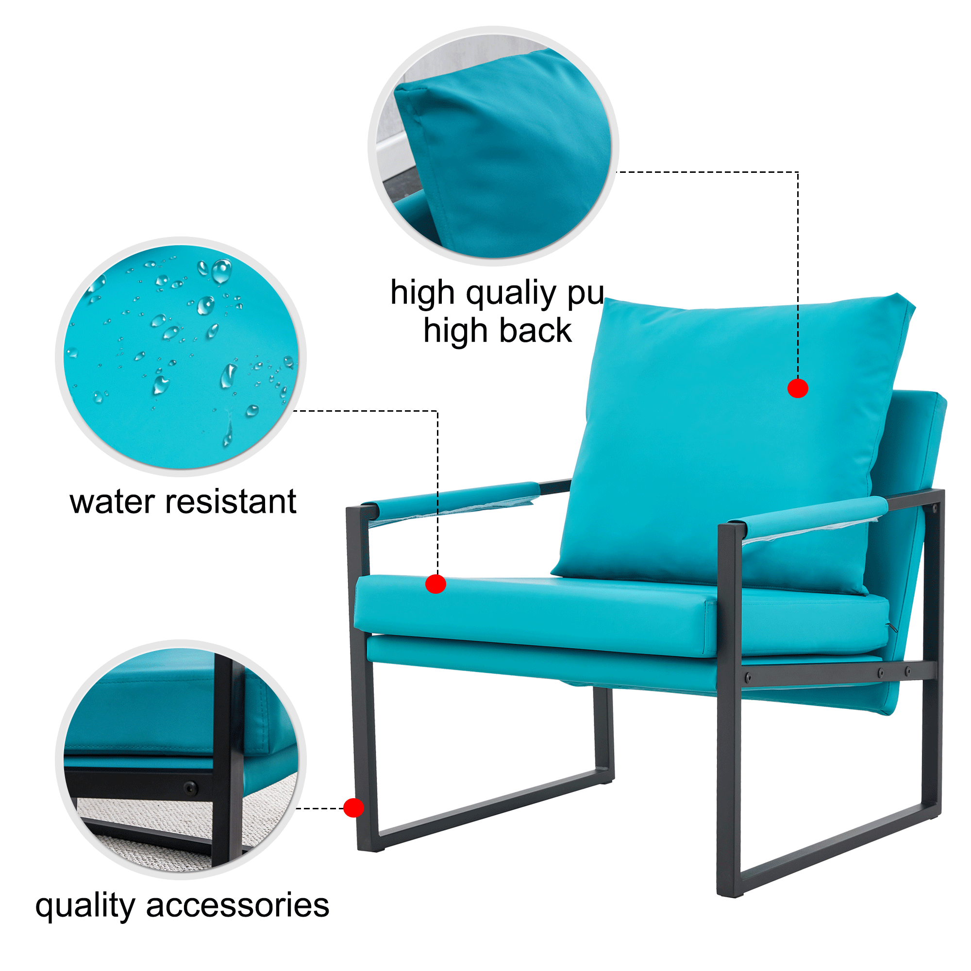 PU Leather Accent Arm Chair Mid CenturyModern Upholstered Armchair with Metal Frame Extra-Thick Padded Backrest and Seat Cushion Sofa Chairs for Living Room ( Cyan PU Leather + Metal + Foam )