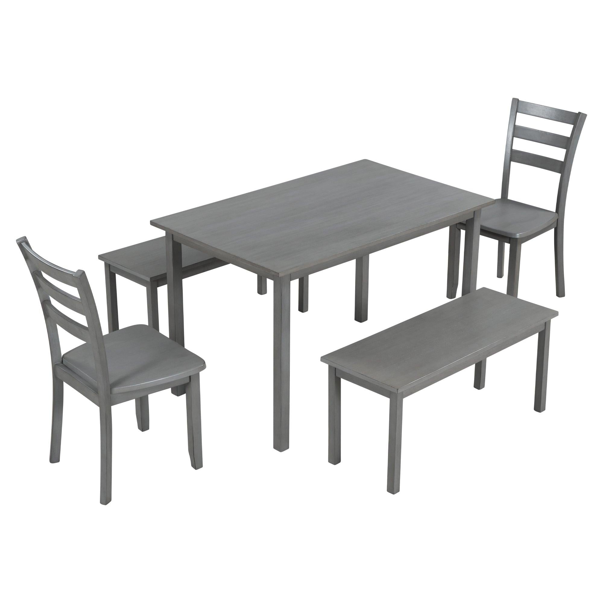 5-piece Wooden Dining Set, Kitchen Table with 2 Dining Chairs and 2 Benches, Farmhouse Rustic Style, Gray