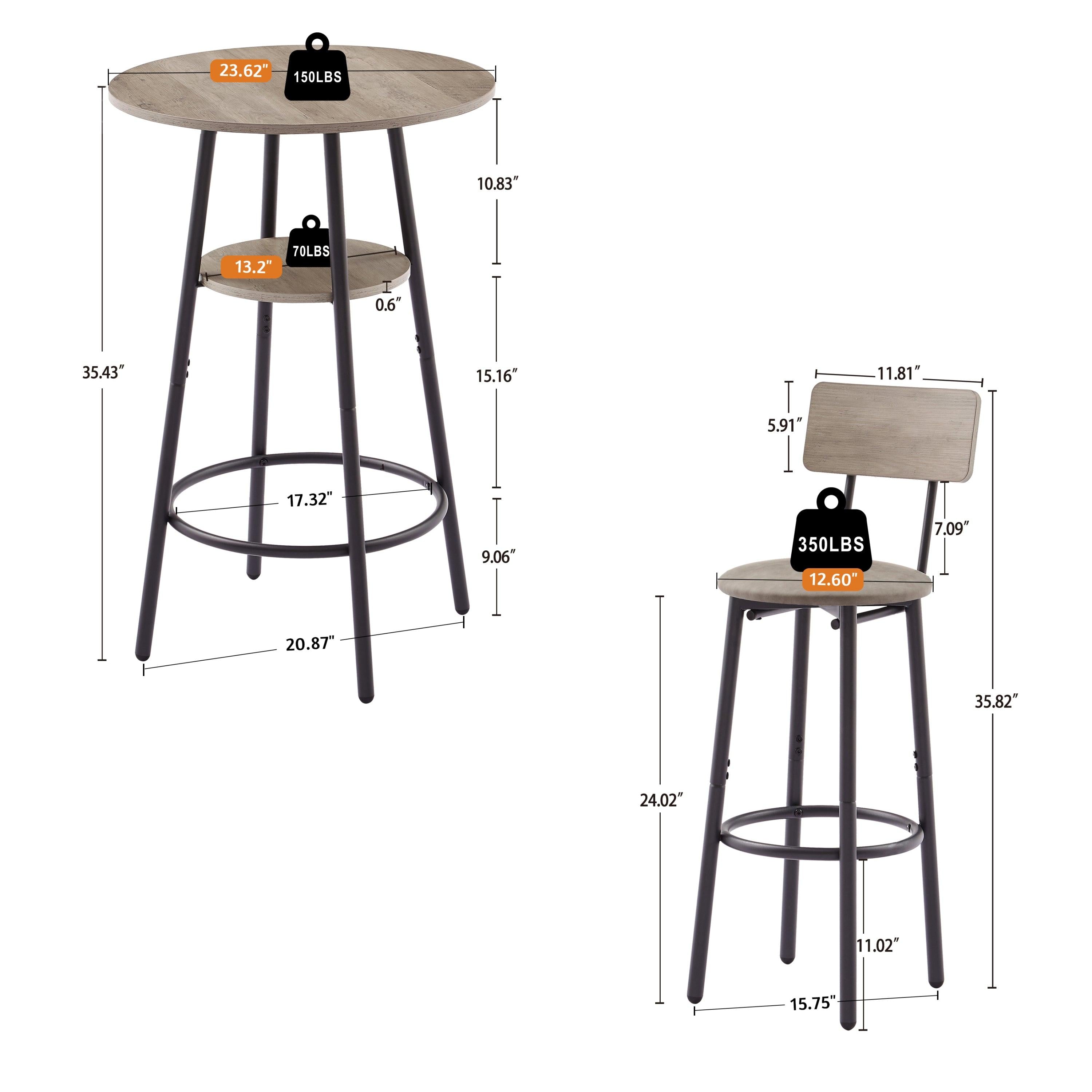 Bar Table Set with 2 Bar stools PU Soft seat with backrest (Grey,23.62’’L*23.62’’W*35.43’’H)