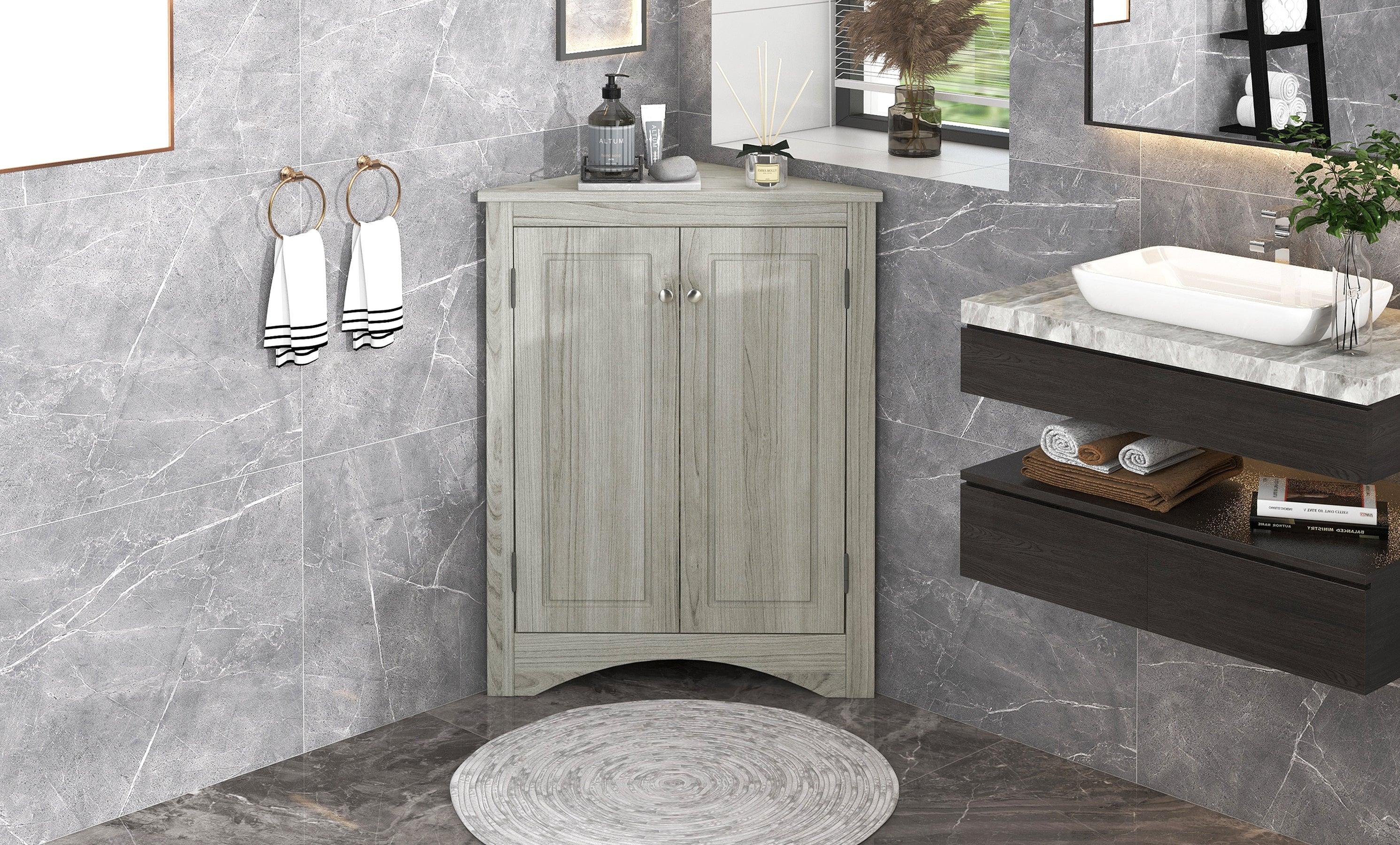 Oak Triangle BathroomStorage Cabinet with Adjustable Shelves, Freestanding Floor Cabinet for Home Kitchen