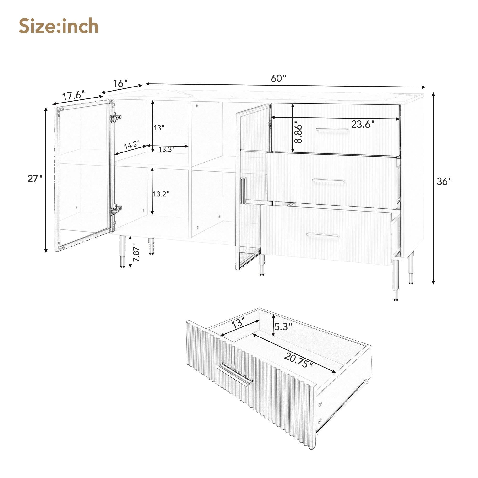 Modern Sideboard MDF Buffet Cabinet Marble Sticker Tabletop and Amber-yellow Tempered Glass Doors with Gold Metal Legs & Handles (Navy Blue)