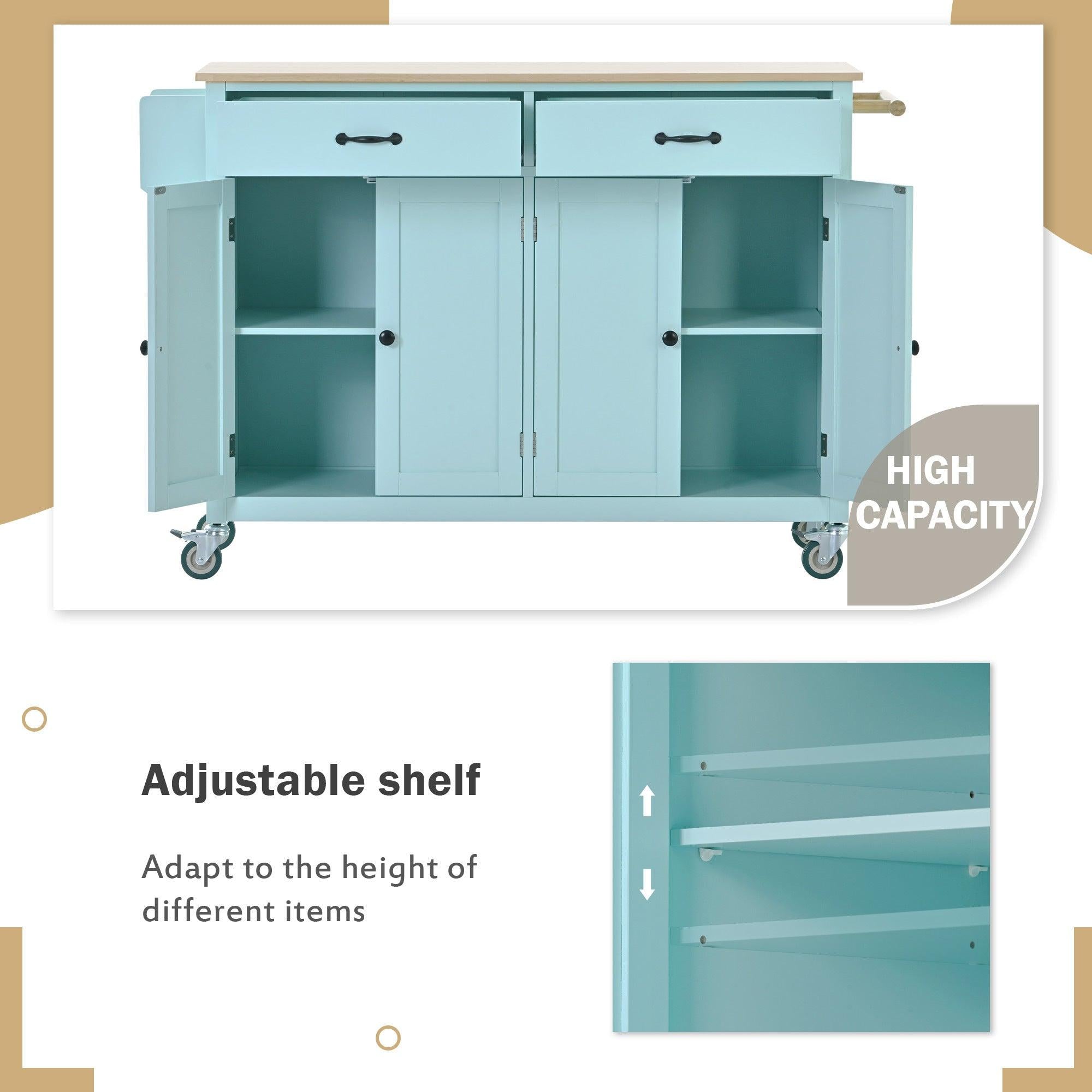 Kitchen Island Cart with 4 Door Cabinet and Two Drawers and 2 Locking Wheels - Solid Wood Top, Adjustable Shelves, Spice & Towel Rack（Mint Green）