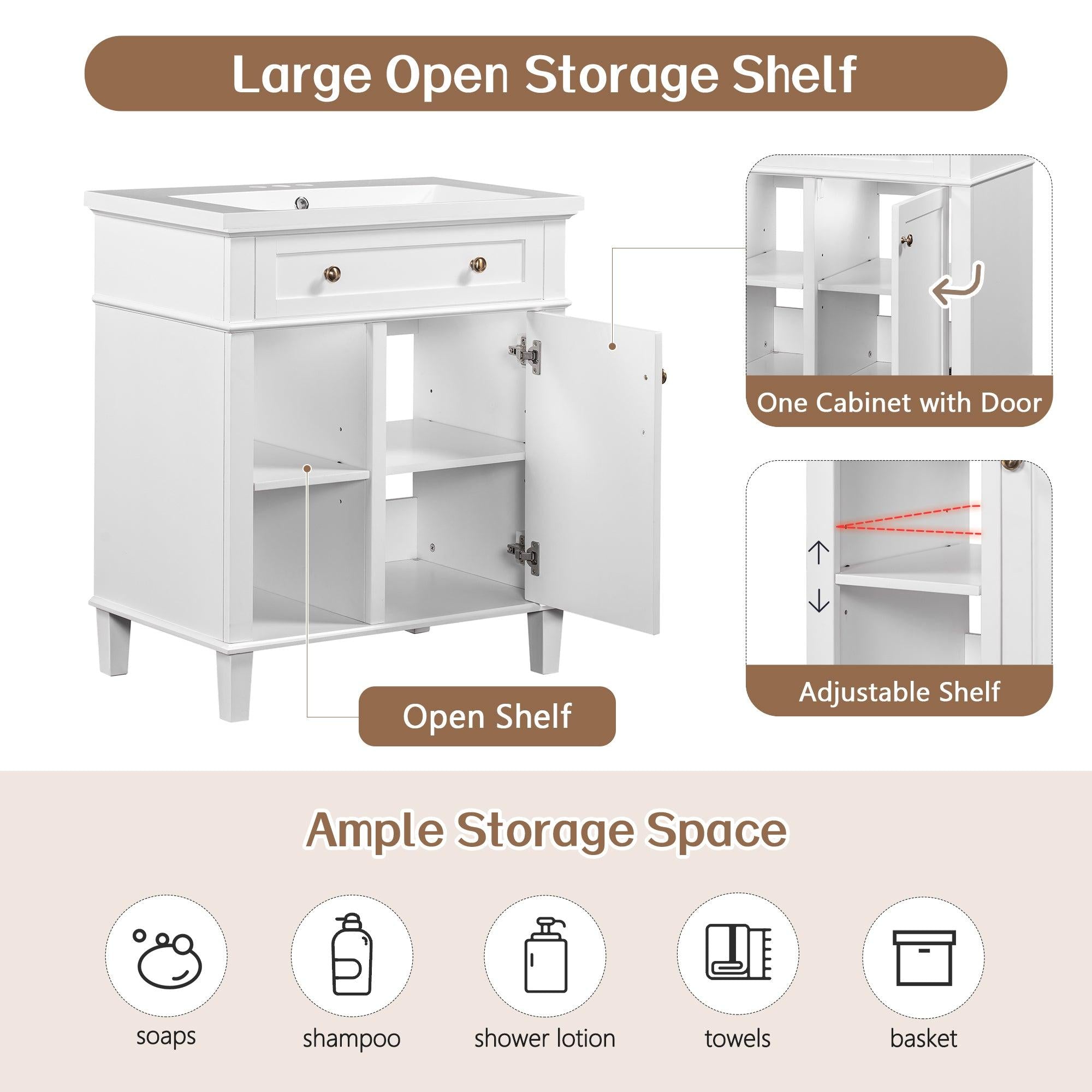 30" Bathroom Vanity with Ceramic Sink Set, One Cabinet and Adjustable Shelf, White