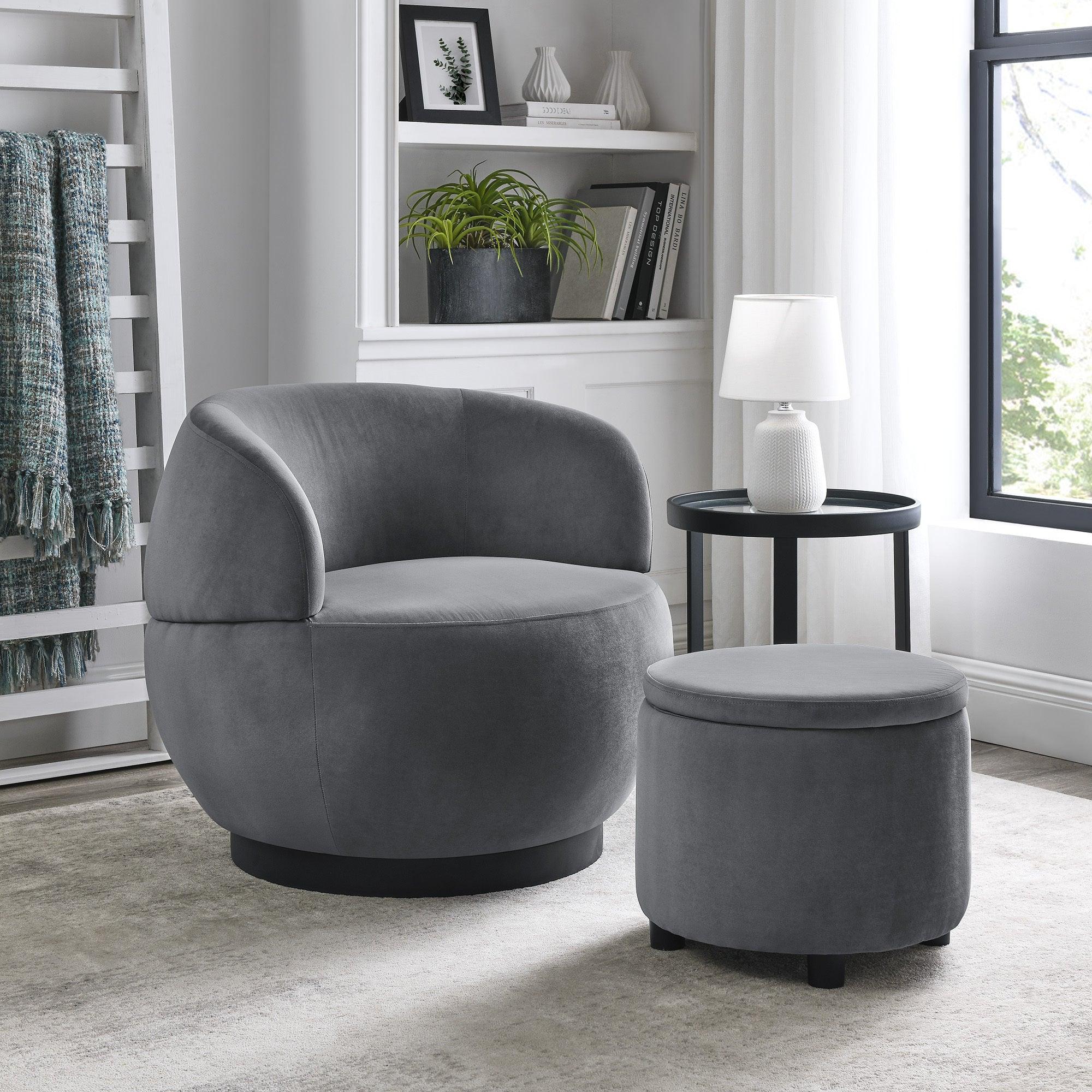 Swviel Barrel Chair with Black Stainless Steel Base, withStorage Ottoman, Velvet, Grey image