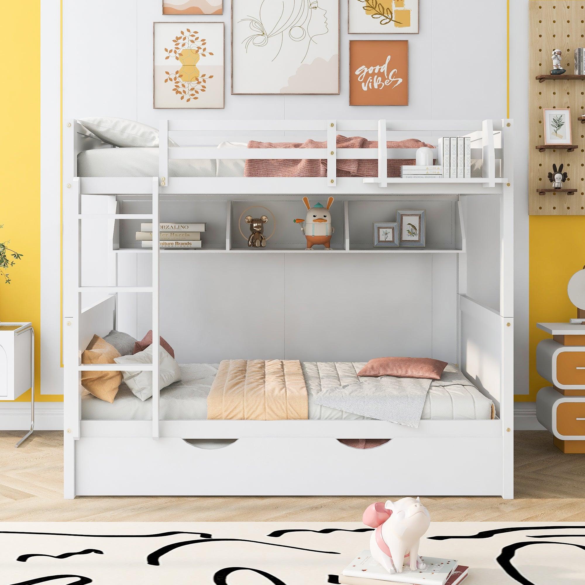 Full-Over-Full Bunk Bed with Twin size Trundle , Separable Bunk Bed with Bookshelf for Bedroom-White