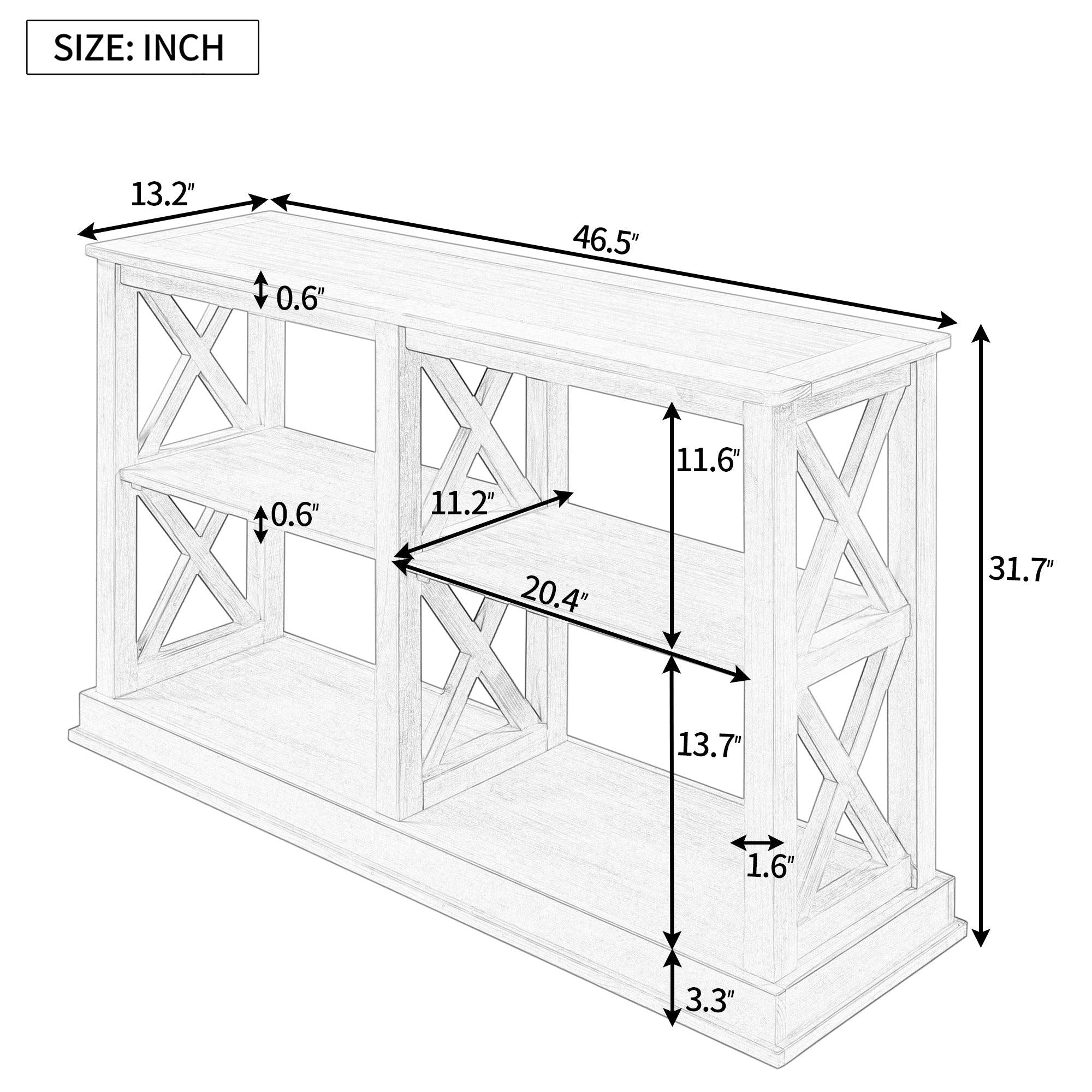 Console Table with 3-Tier OpenStorage Spaces and "X" Legs, Narrow Sofa Entry Table for Living Room (White)