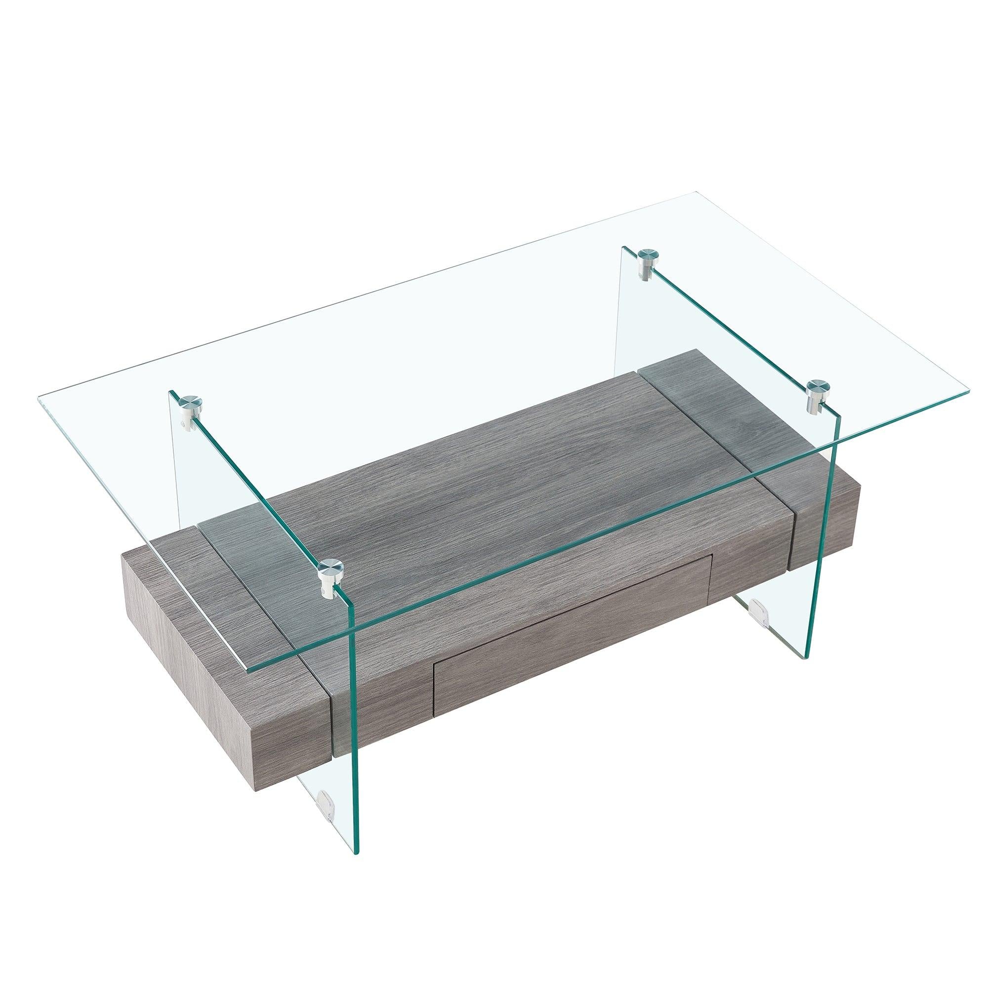 37.8" Tempered Glass Coffee table with Dual Shelves and MDF Drawer, Tea Table for living roon, bedroom，transparent/gray