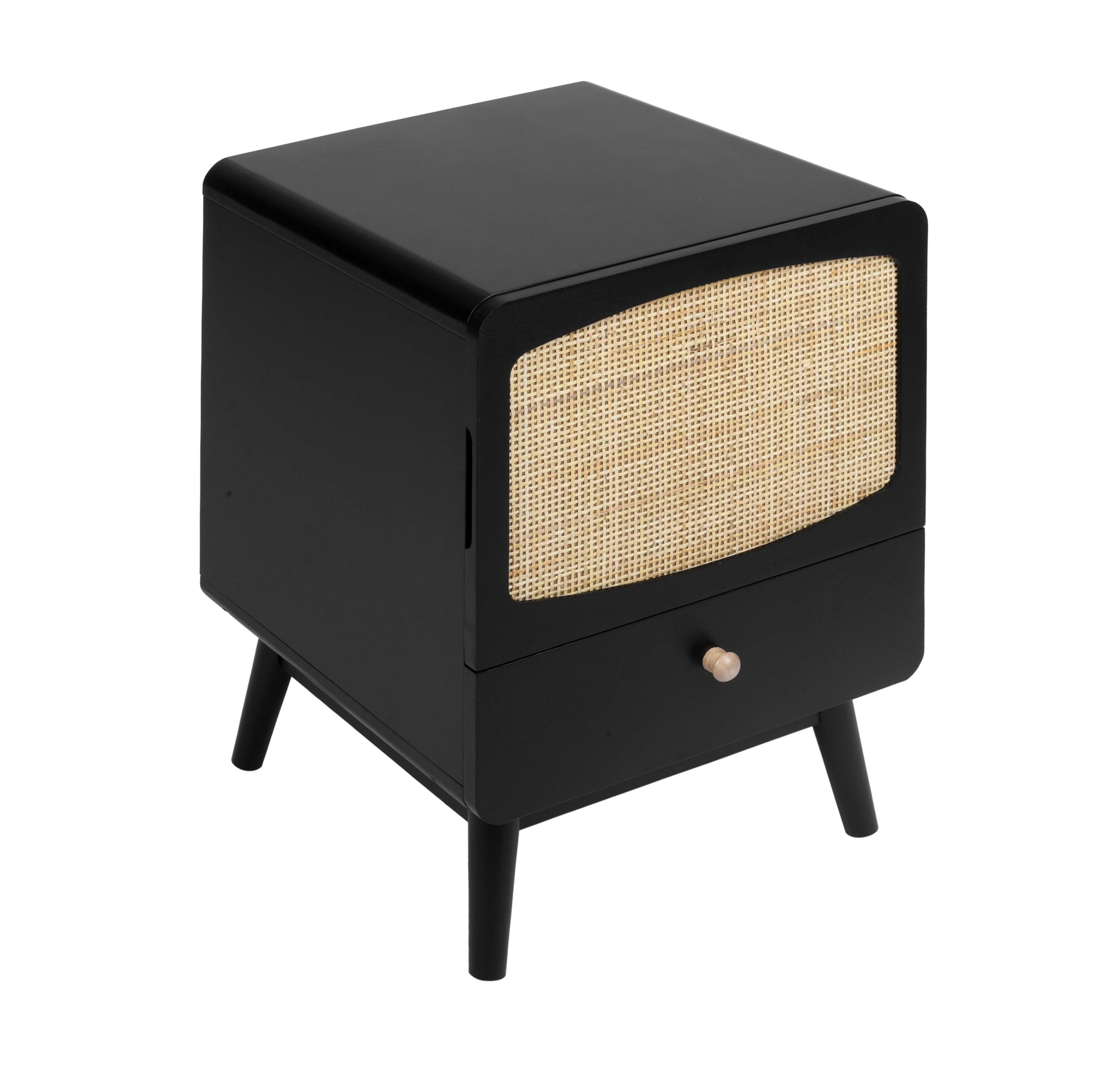 Black Nightstand,  Bedside Table withStorage Drawe/ Rattan Door