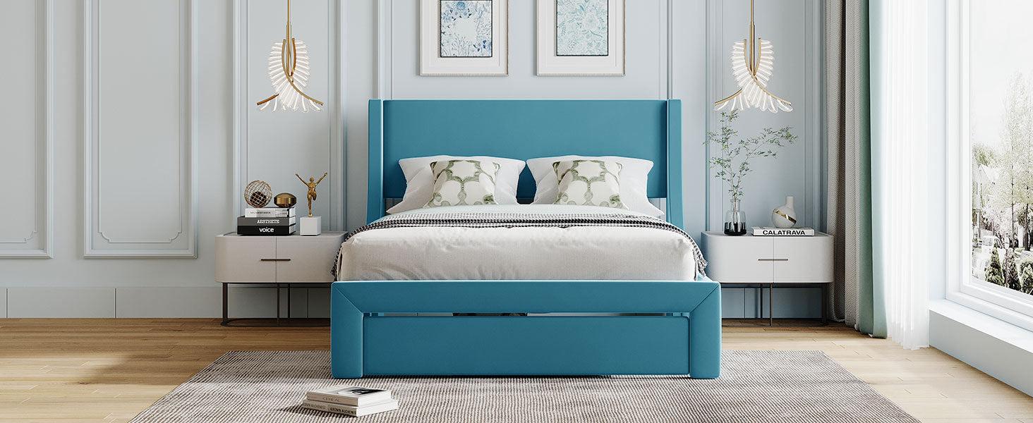 Full SizeStorage Bed Velvet Upholstered Platform Bed with a Big Drawer - Blue