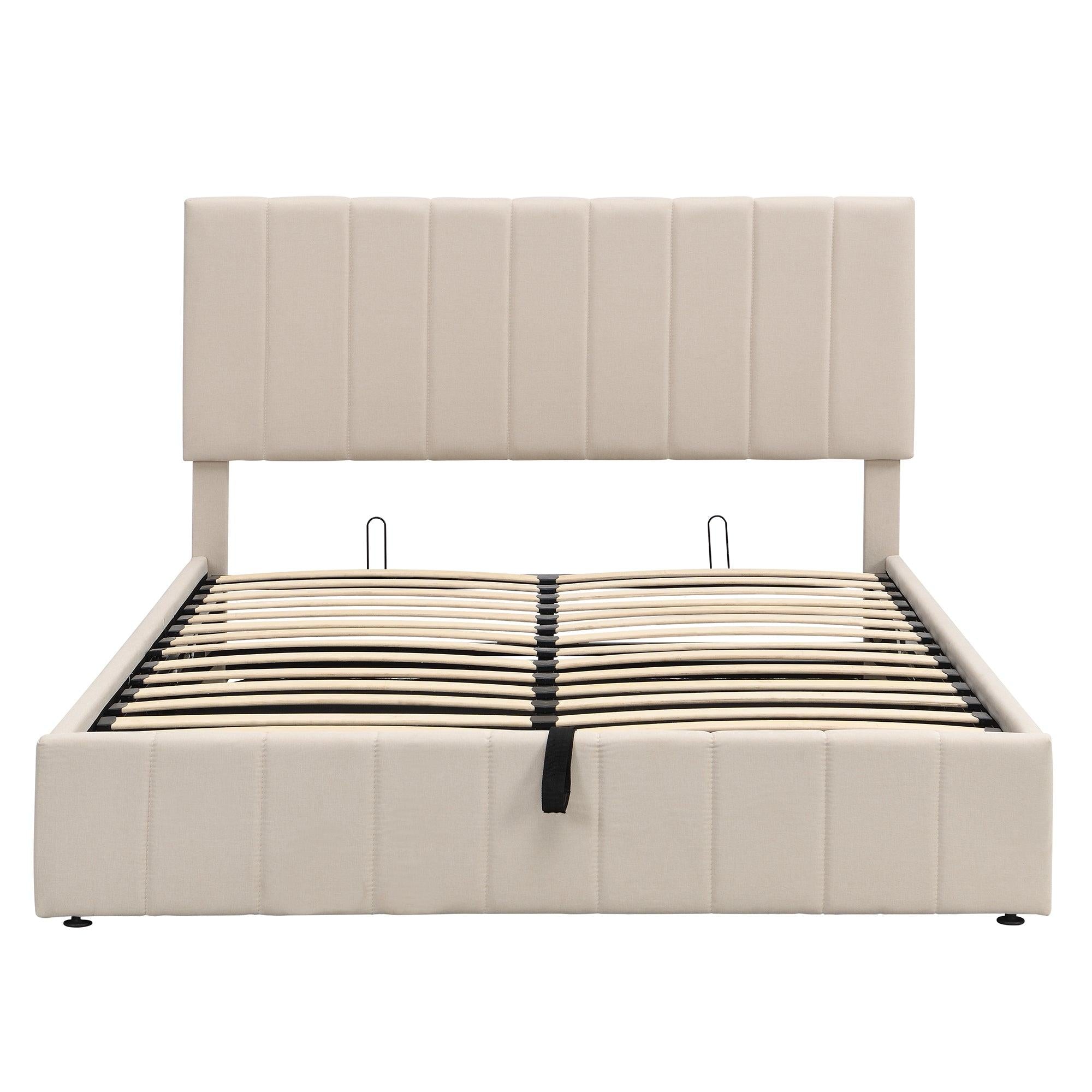 Queen size Upholstered Platform bed with a HydraulicStorage System - Beige