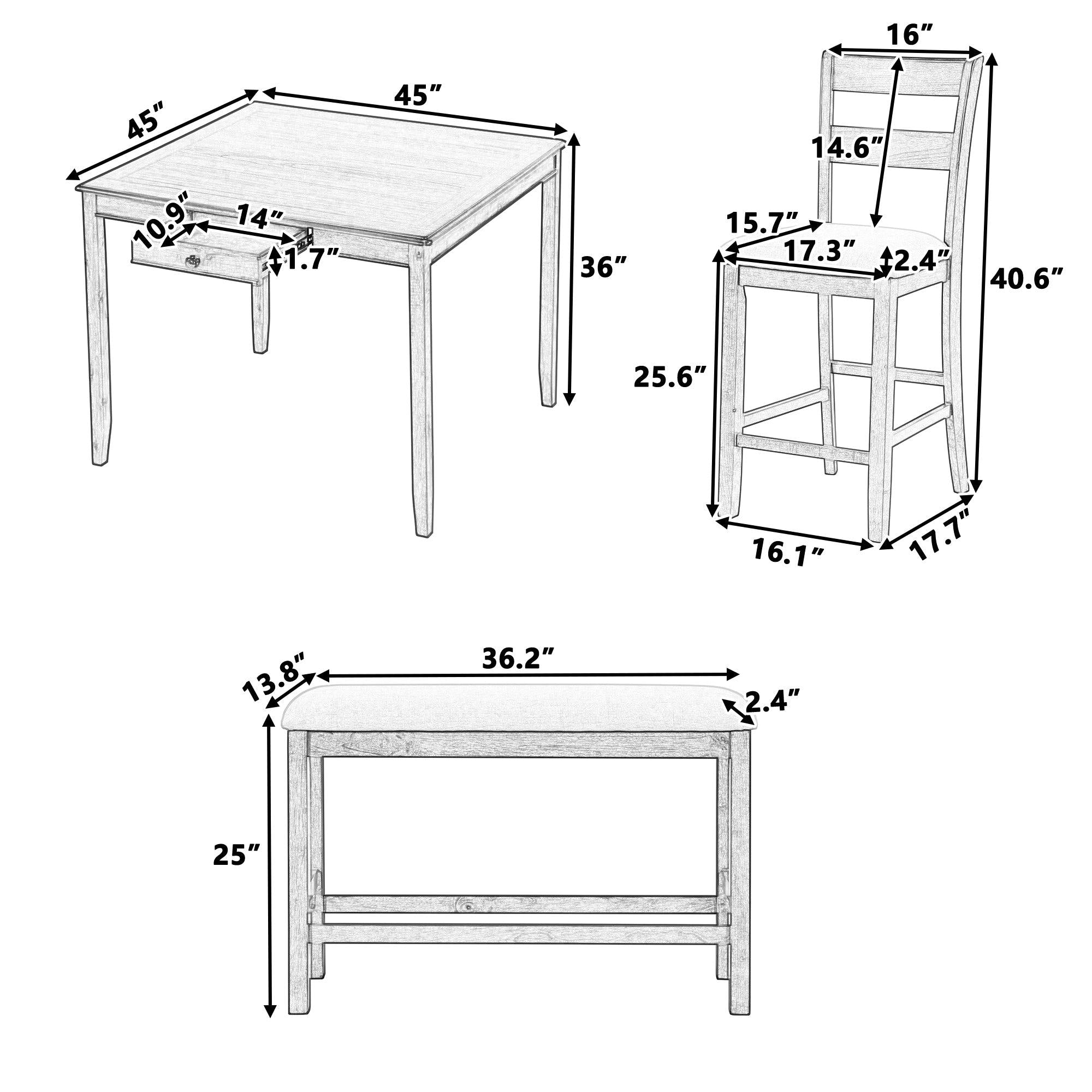 Wood 6-Piece Dining Table Set withStorage Drawer, Counter Height Square Kitchen Set with Upholstered Chair and Bench, White