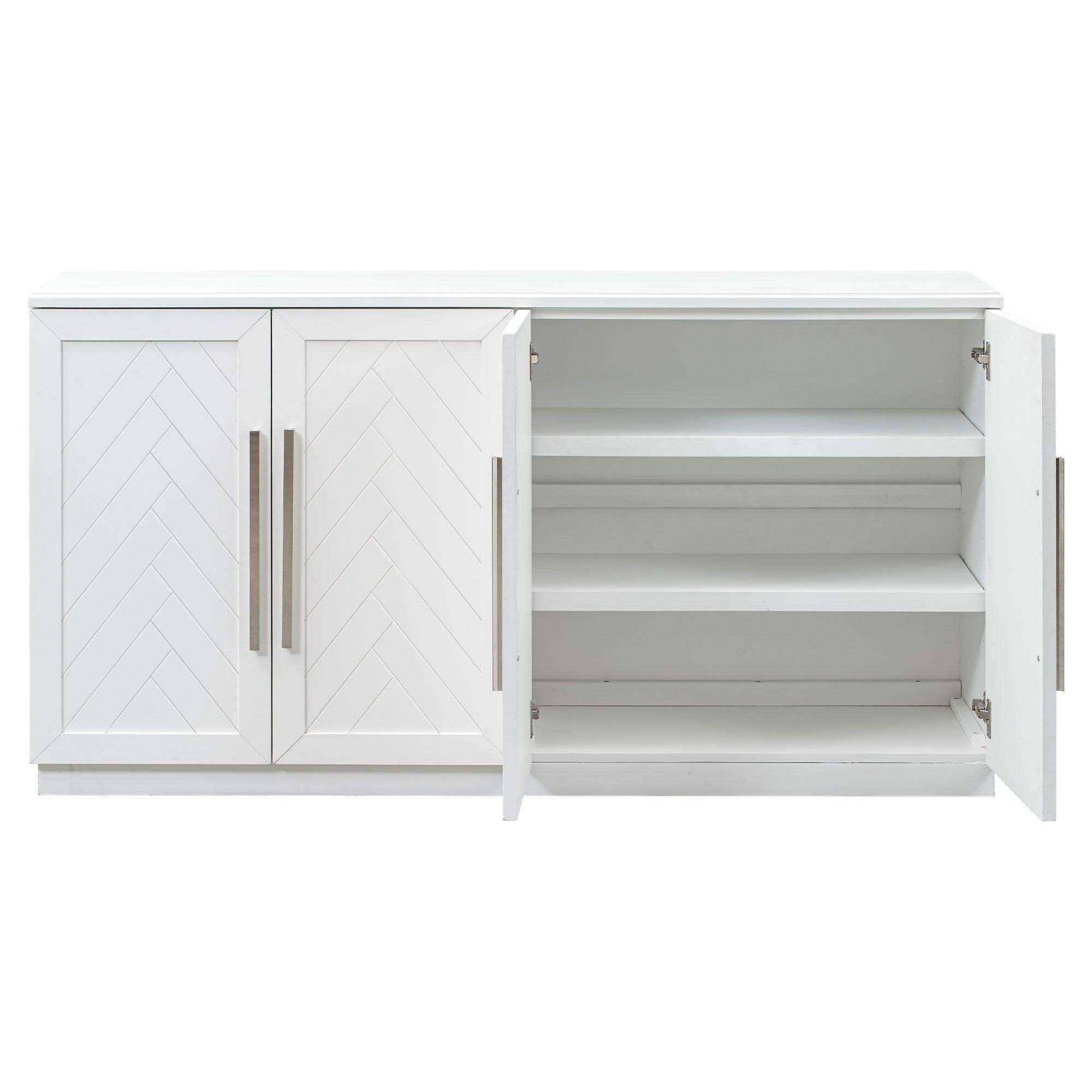 Sideboard with 4 Doors LargeStorage Space Buffet Cabinet with Adjustable Shelves and Silver Handles for Kitchen, Dining Room, Living Room (White)