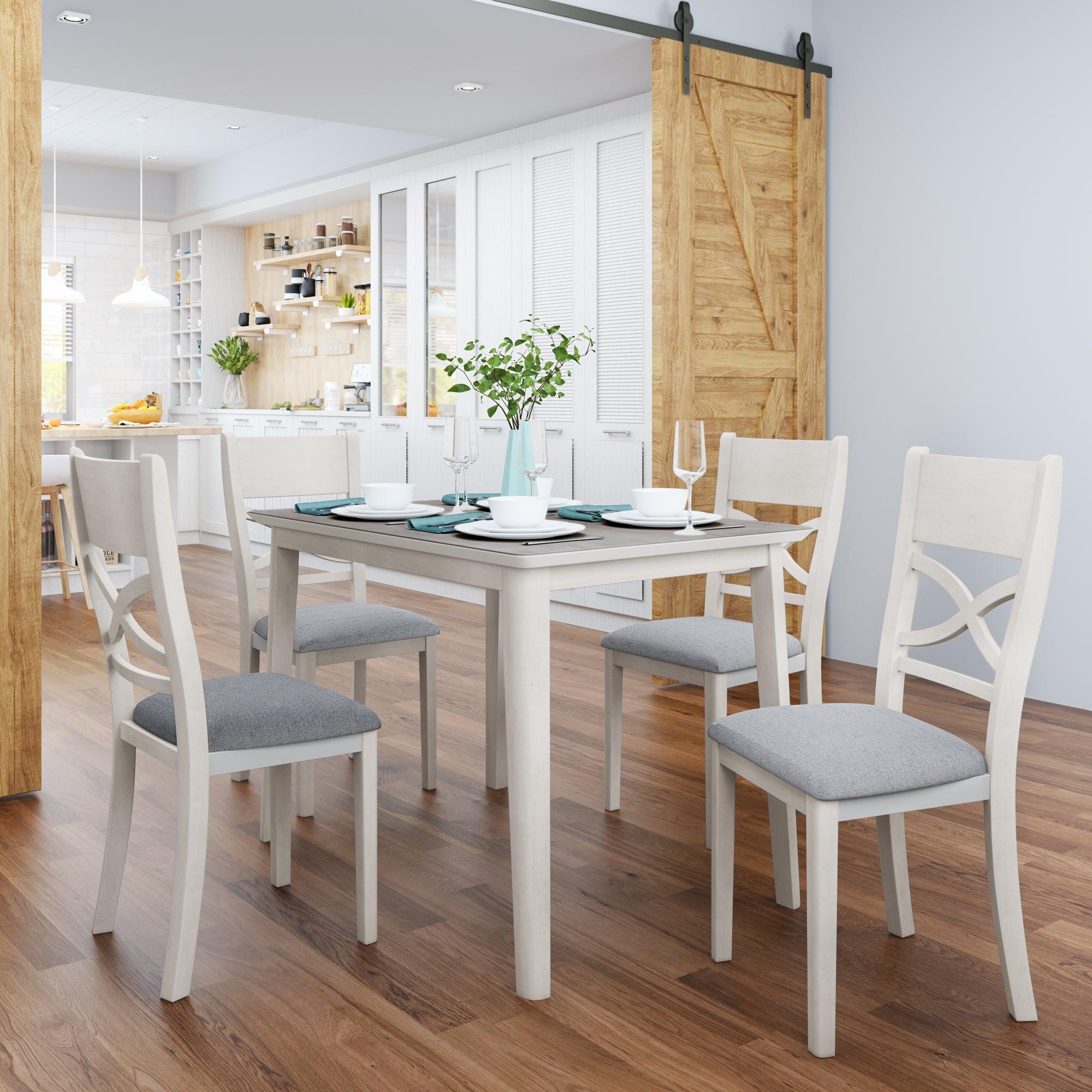 Farmhouse Rustic Wood 5-Piece Kitchen Dining Table Set with 4 Upholstered Padded Chairs, Light Grey+White image