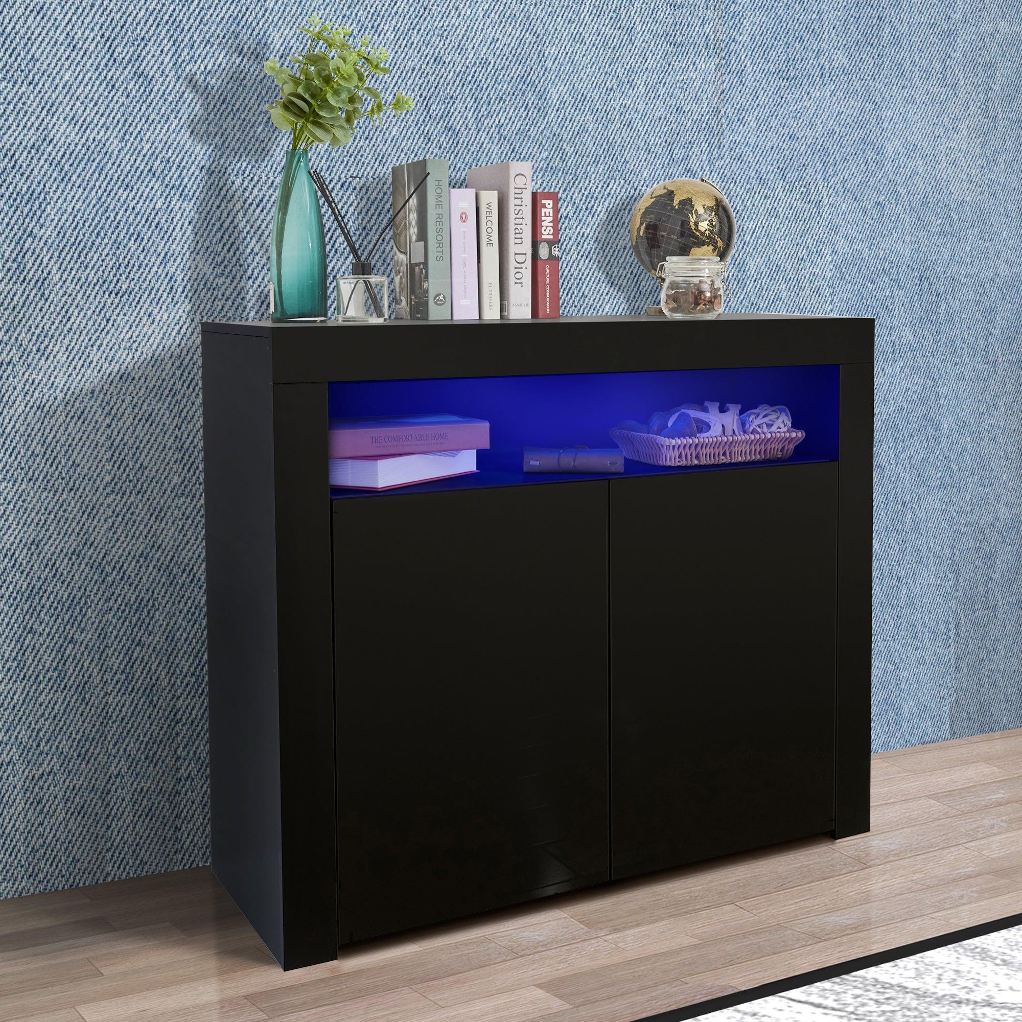 Living Room SideboardStorage Cabinet Black High Gloss with LED Light,Modern Kitchen Unit Cupboard Buffet WoodenStorage Display Cabinet TV Stand with 2 Doors for Hallway Dining Room