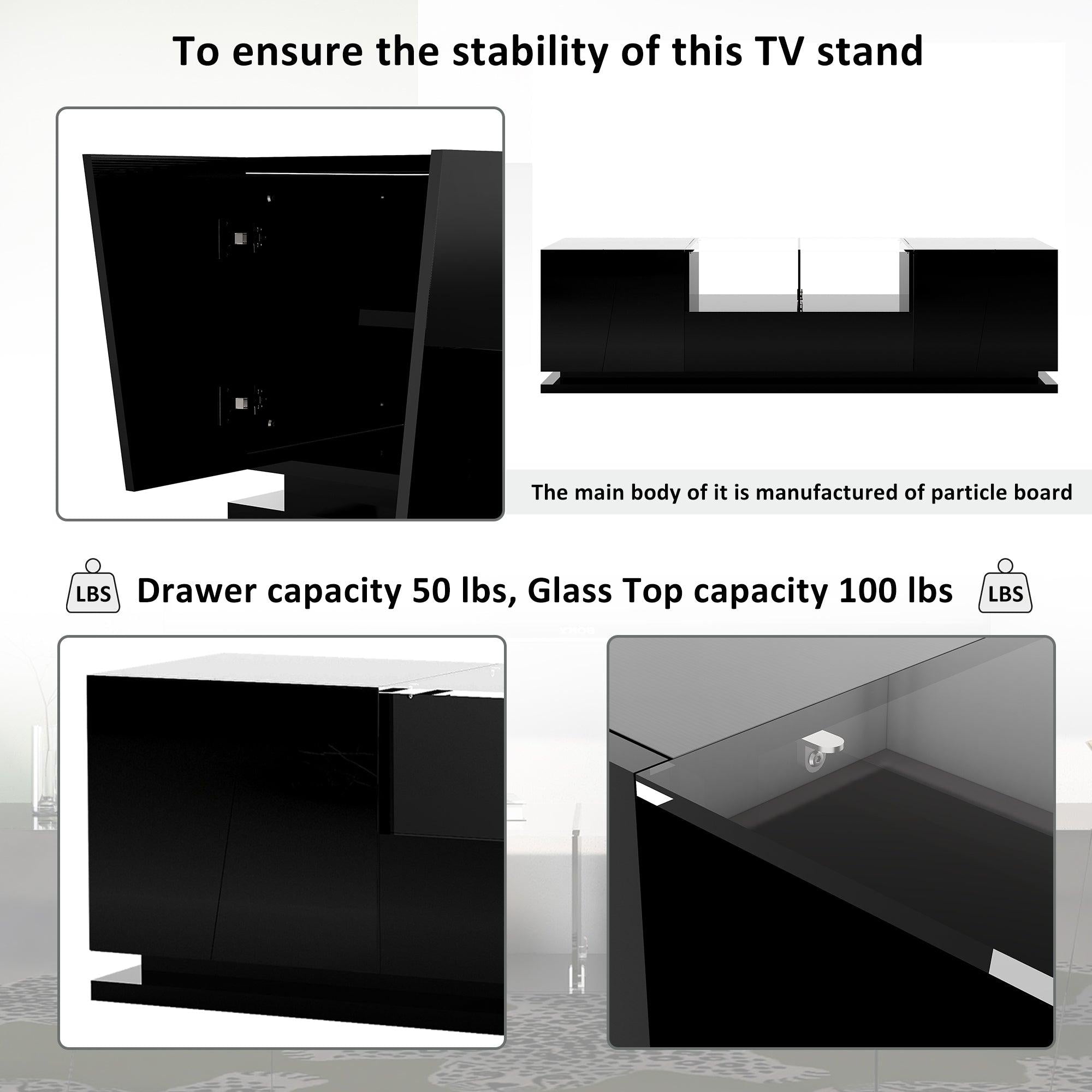 TV Stand with Tempered Glass,Modern High Gloss Entertainment Center for TVs Up to 72'',TV Cabinet withStorage and LED Color Changing Lights for Living Room,Black