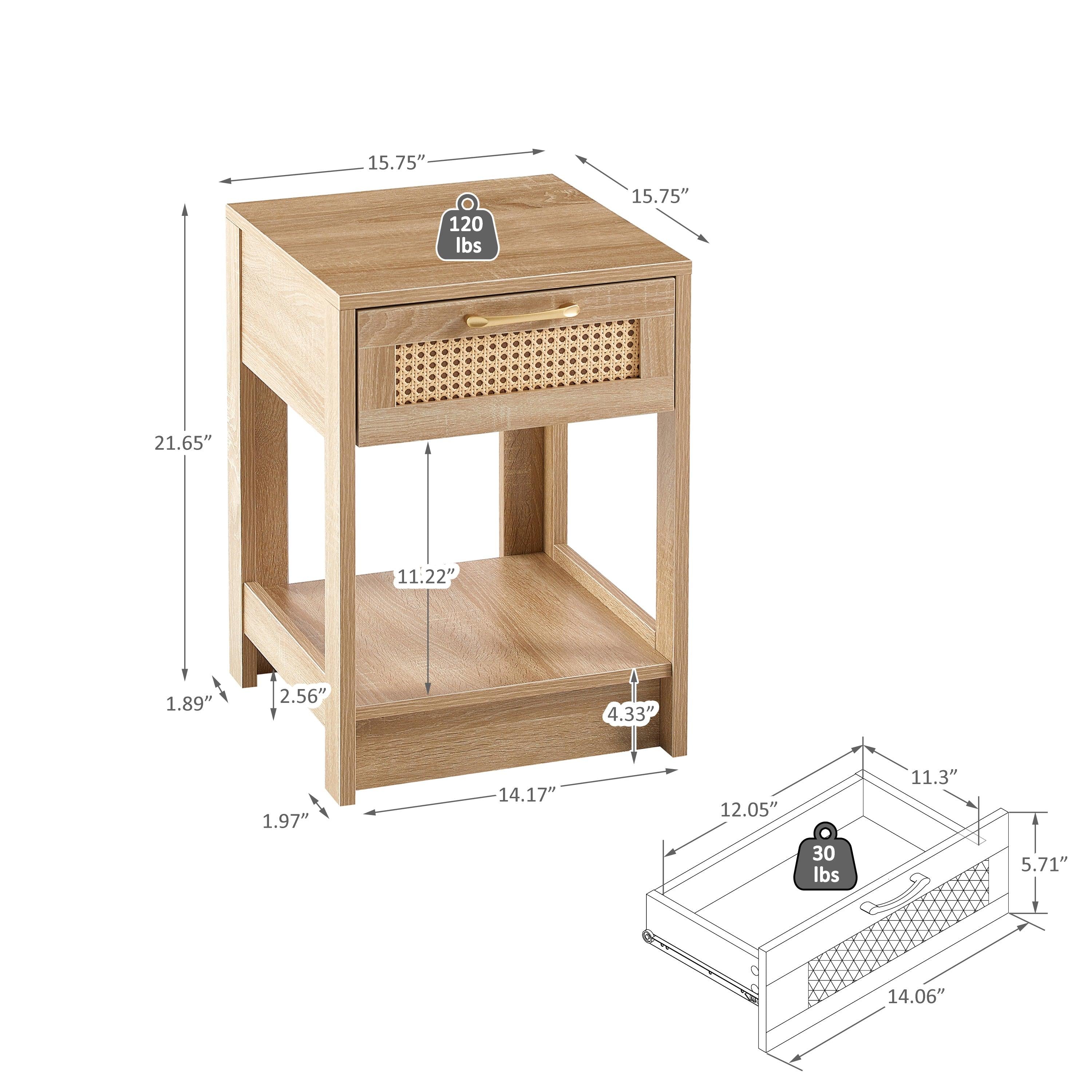 15.75" Rattan End table with  drawer,Modern nightstand, side table for living roon, bedroom,natural