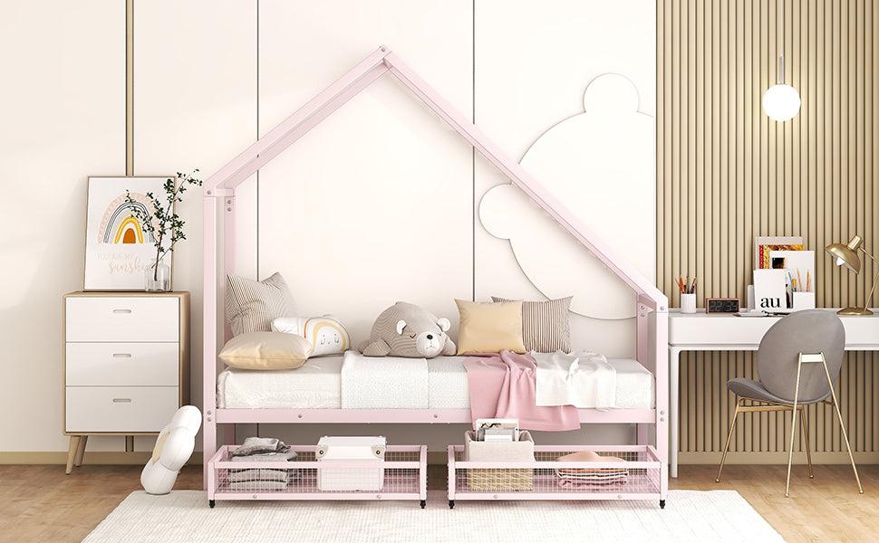 Twin Size Metal House Bed with TwoStorage Drawers, Pink