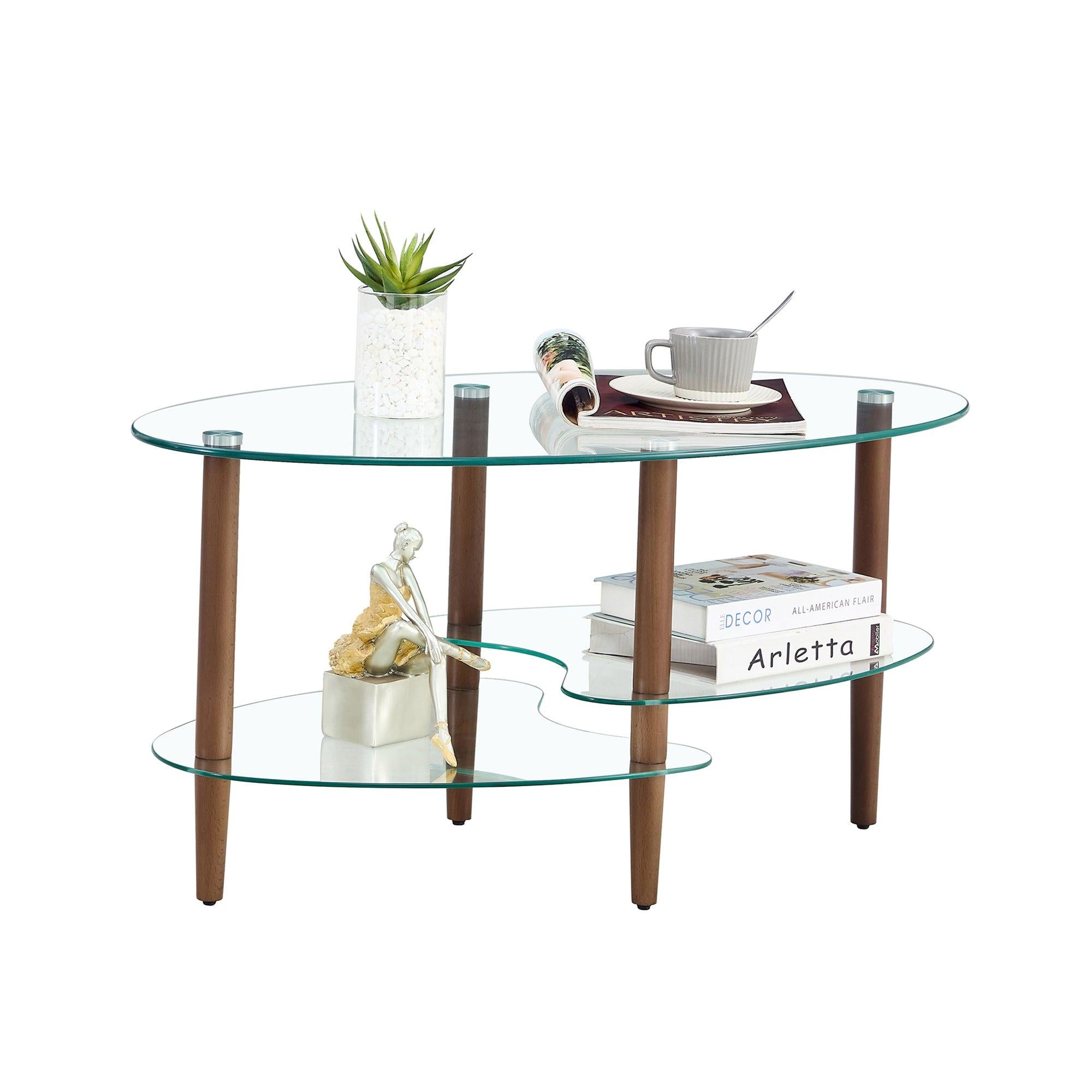 Transparent Oval glass coffee table,Modern table in living room Oak wood leg tea table 3-layer  glass table