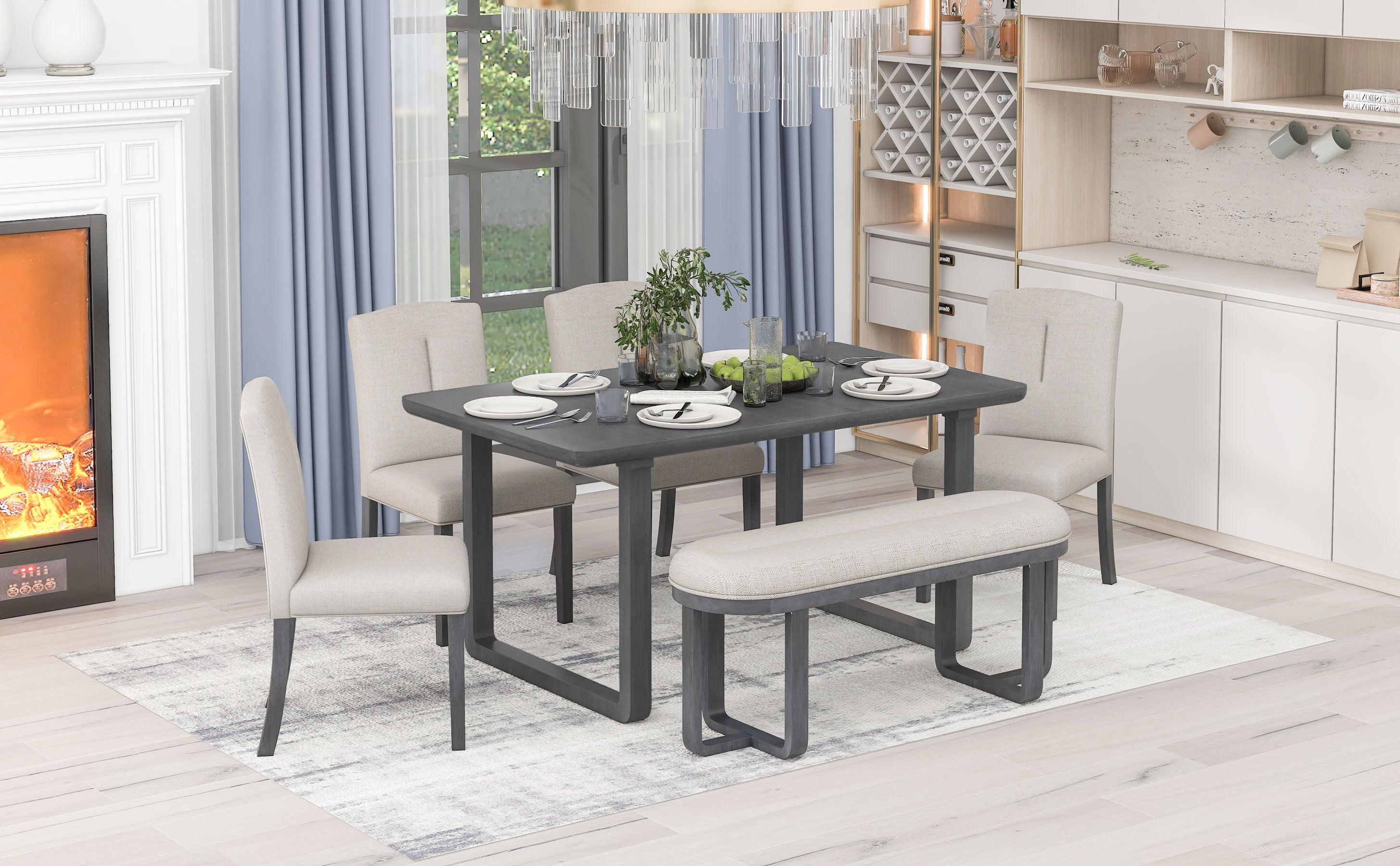 6-Piece Retro-Style Dining Set Includes Dining Table, 4 Upholstered Chairs & Bench with Foam-covered Seat Backs&Cushions for Dining Room (Gray+Beige)