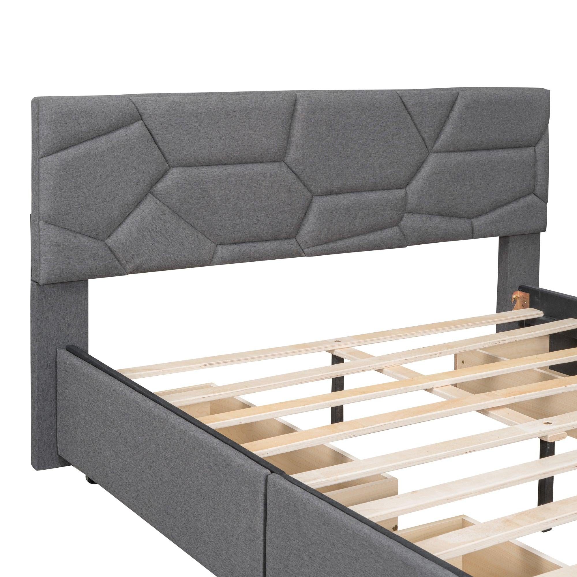 Queen Size Upholstered Platform Bed with Brick Pattern Heardboard and 4 Drawers, Linen Fabric, Gray