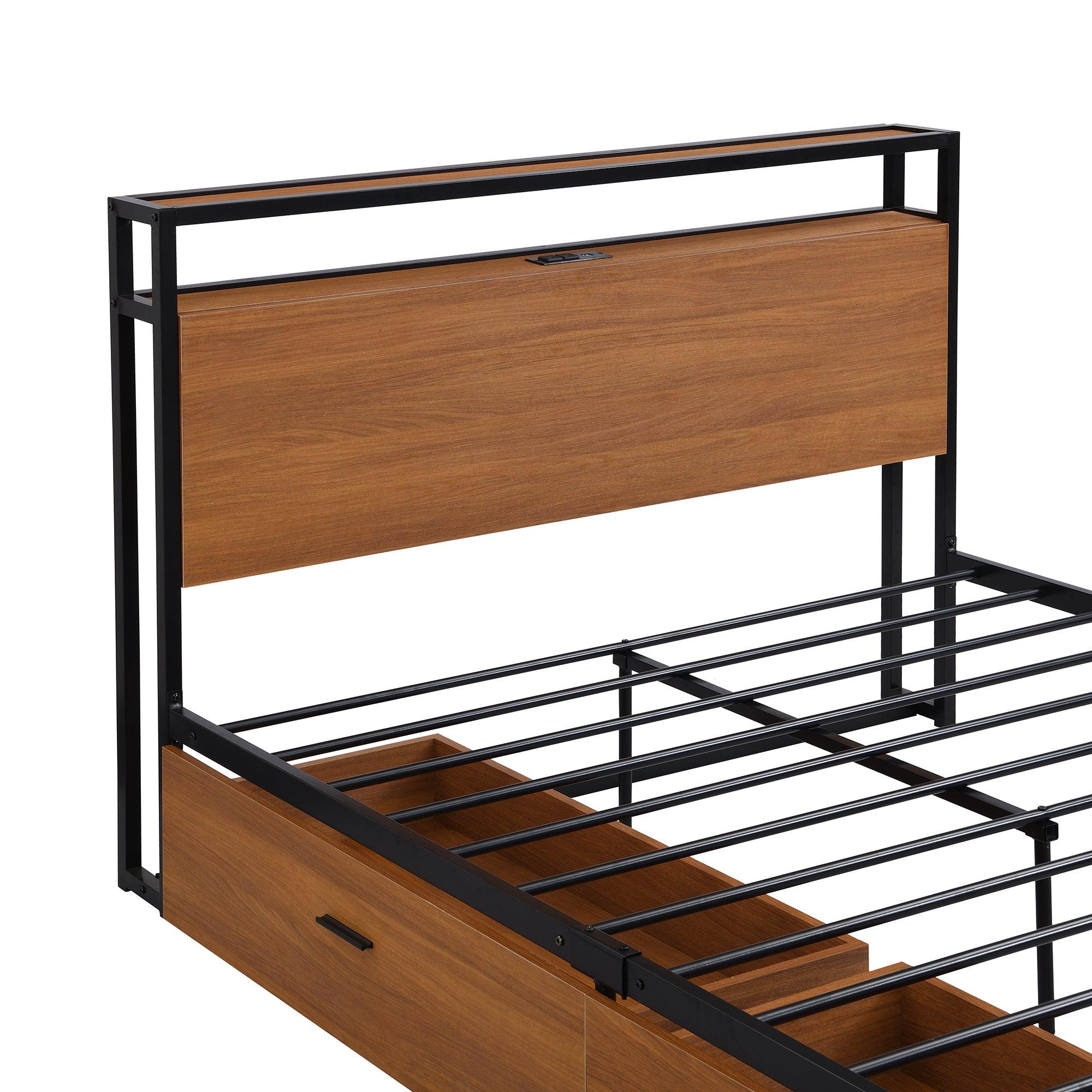 Full Size Metal Platform Bed Frame with  Two Drawers,Sockets and USB Ports ,Slat Support No Box Spring Needed Black