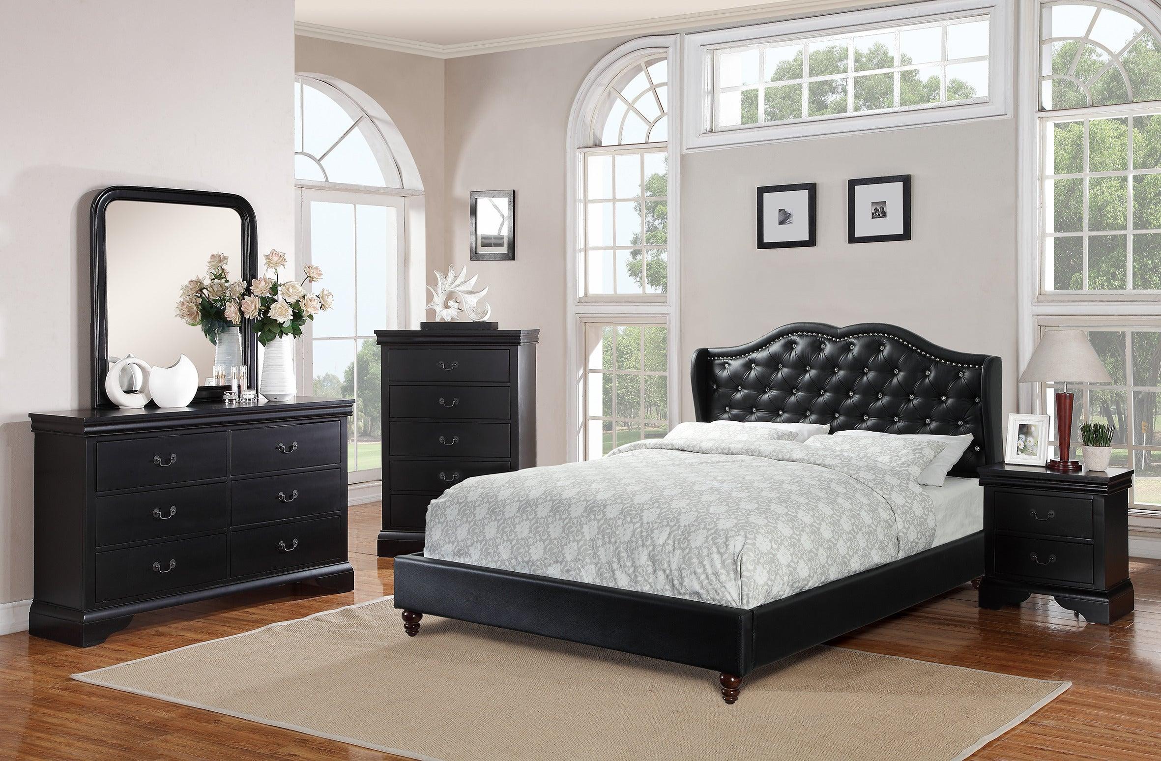 Queen Size Bed 1pc Bed Set Black Faux Leather Upholstered Wingback Design Bed Frame Headboard Bedroom Furniture Tufted Upholstered