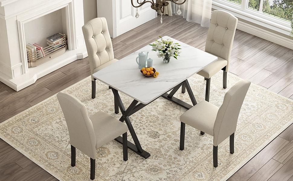 Solid Wood 5-Piece Dining Table Set with Faux Marble Tabletop and Upholstered Dining Chairs for 4, Faux Marble White+Beige