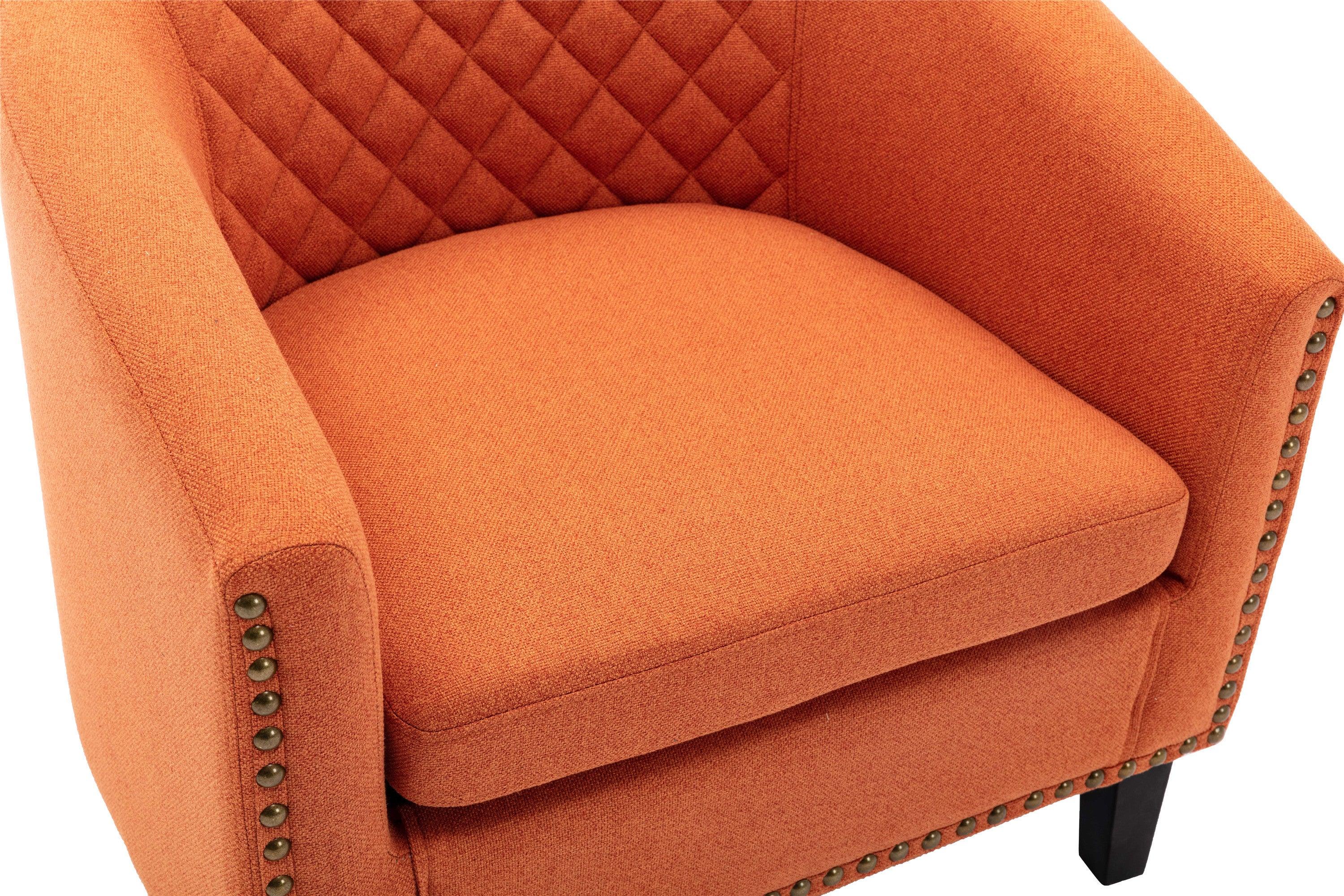 accent Barrel chair living room chair with nailheads and solid wood legs  Orange  linen