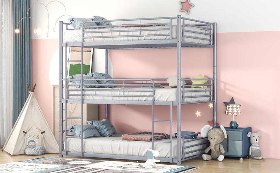 Full-Full-Full Metal  Triple Bed  with Built-in Ladder, Divided into Three Separate Beds,Gray