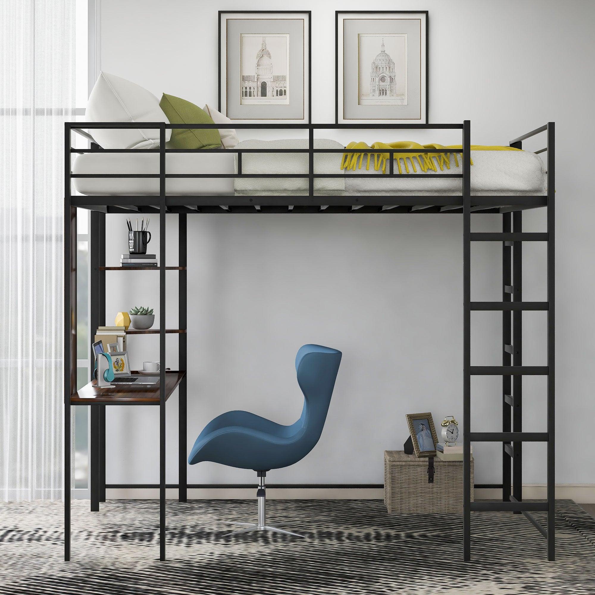 Full Size Metal Loft Bed with 2 Shelves and one Desk ,Black