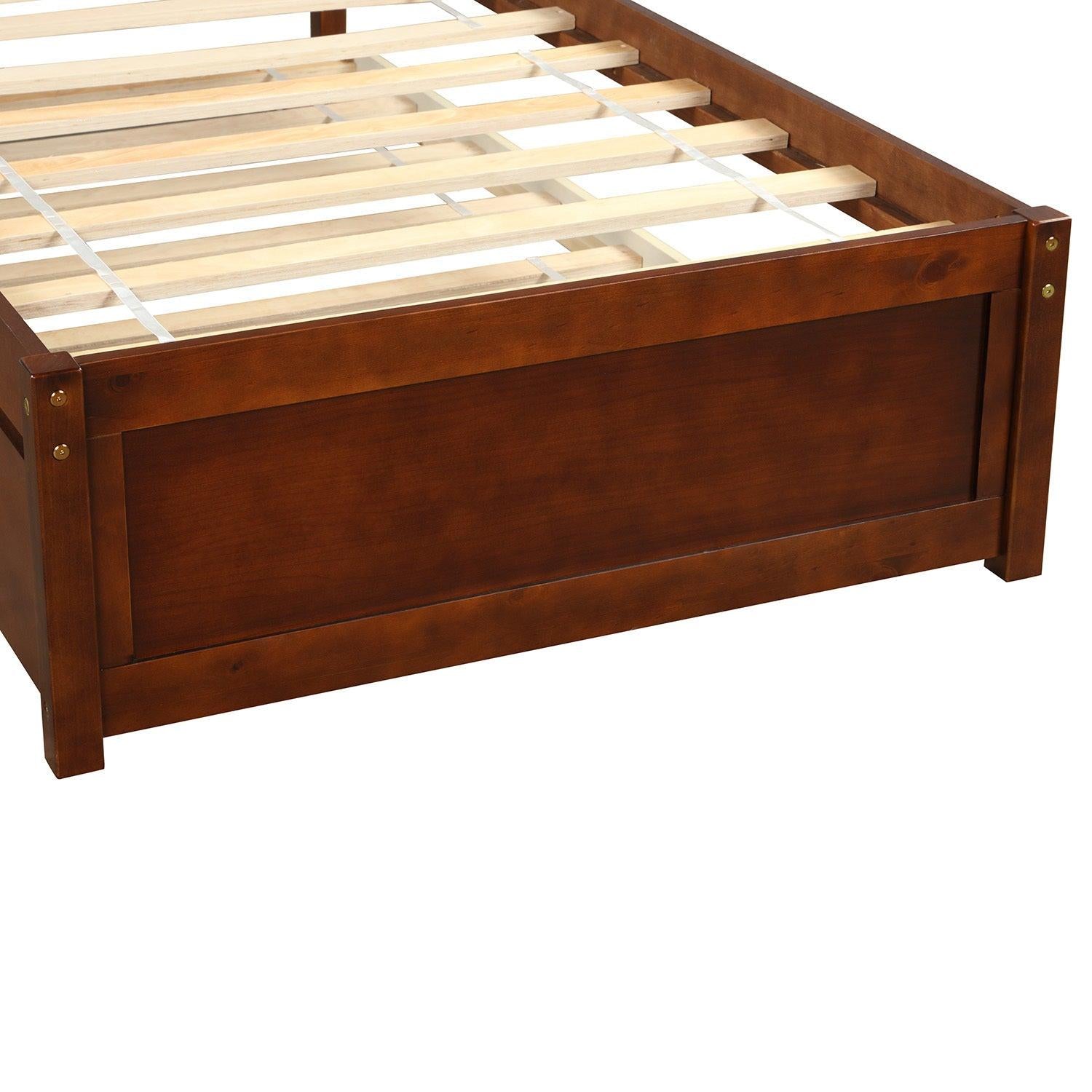 Twin size Platform Bed Wood Bed Frame with Trundle, Walnut