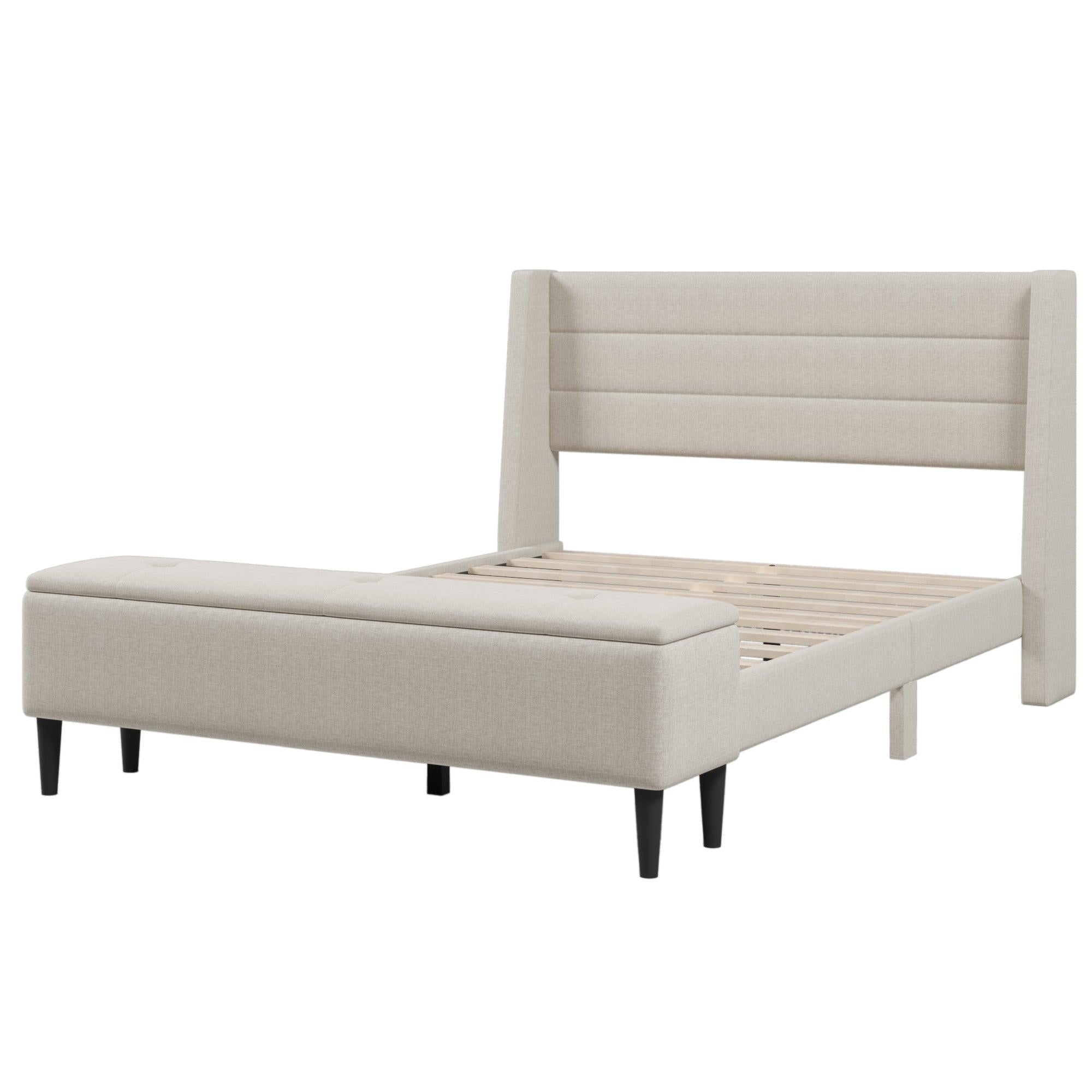 3 Pieces Bedroom Set Beige Queen UpholsteredStorage Bed Frame withStorage Ottoman Bench and Two Nightstands