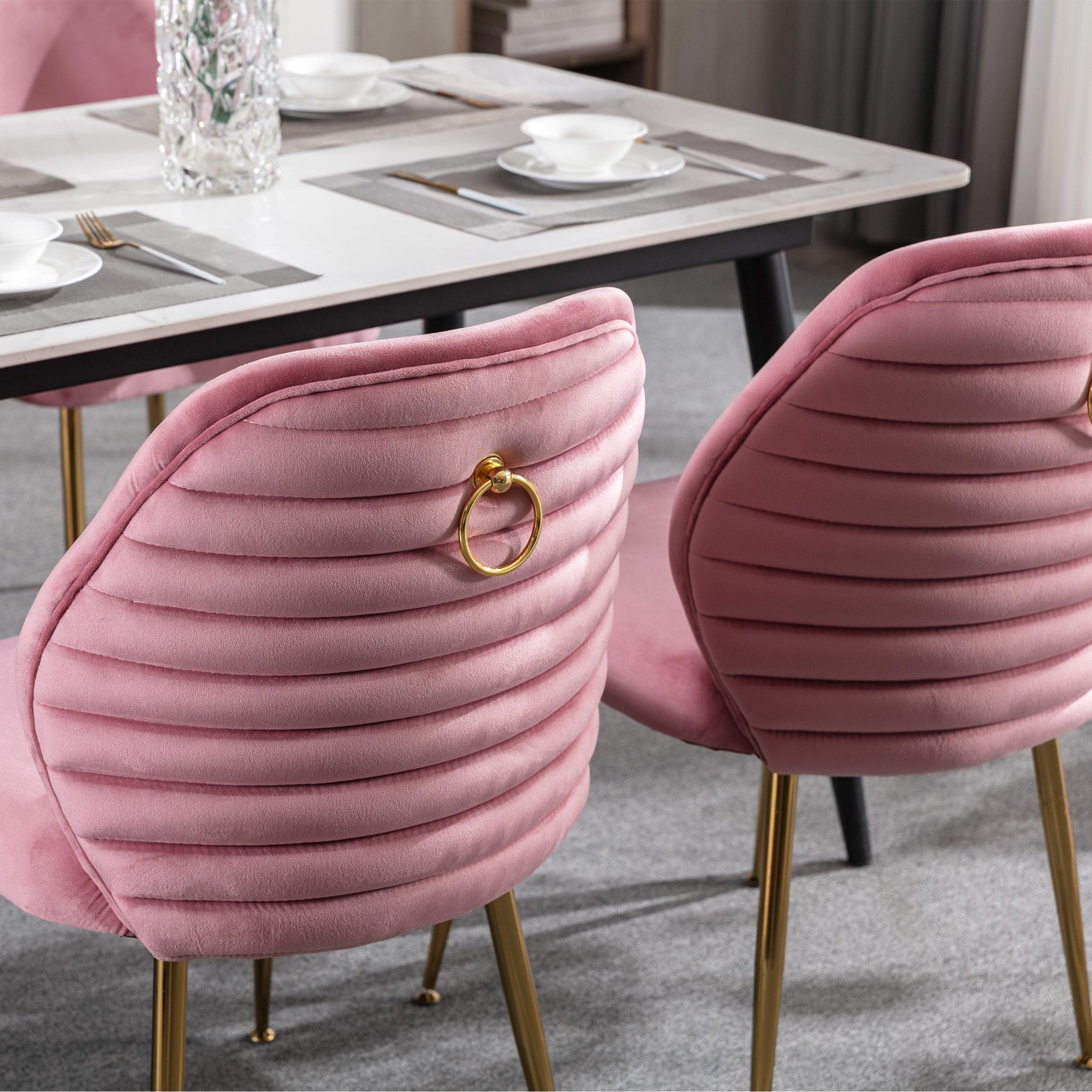 Modern Dining Chair Set of 2, Woven Velvet Upholstered Side Chairs with Barrel Backrest and Gold Metal Legs, Accent Chairs for Living Room Bedroom,Pink