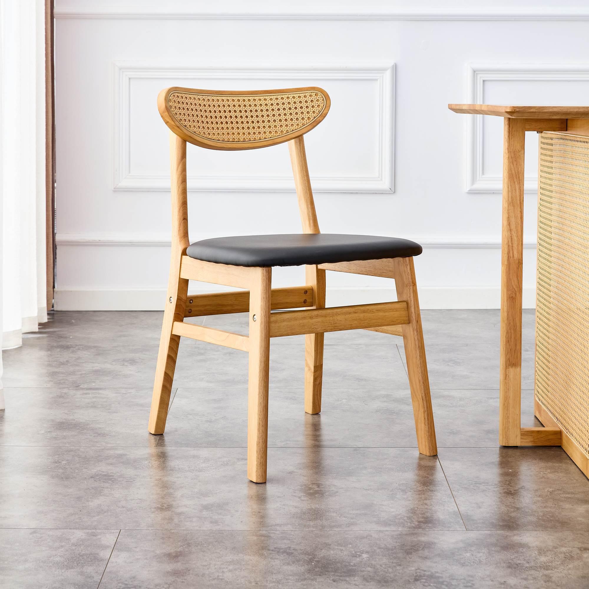 Solid Wood Dining Chair Stylish and Durable Small with Curved Backrest, PU+Foam Cushion, and Plastic Rattan Surface - Perfect for Any Room Décor and Daily Use