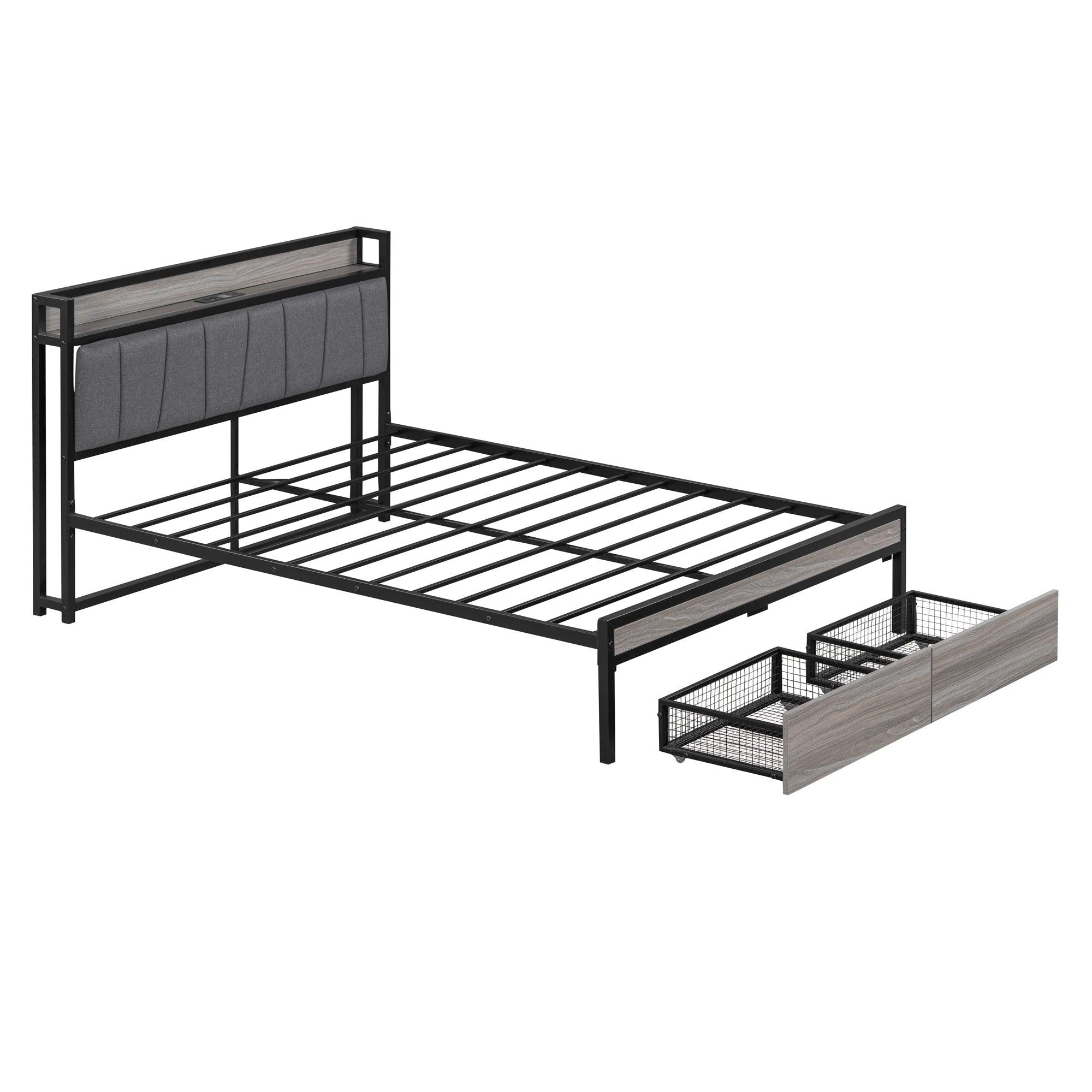 Full Size Metal Platform Bed Frame with 2 drawers, Upholstered headboard ，Sockets, USB Ports and Slat Support ,No Box Spring Needed，Black