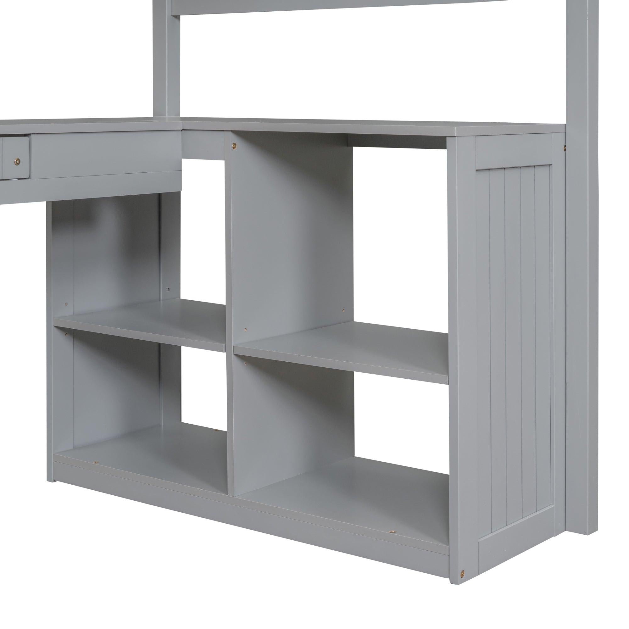 Twin size Loft Bed with Drawers, Cabinet, Shelves and Desk, Wooden Loft Bed with Desk - Gray