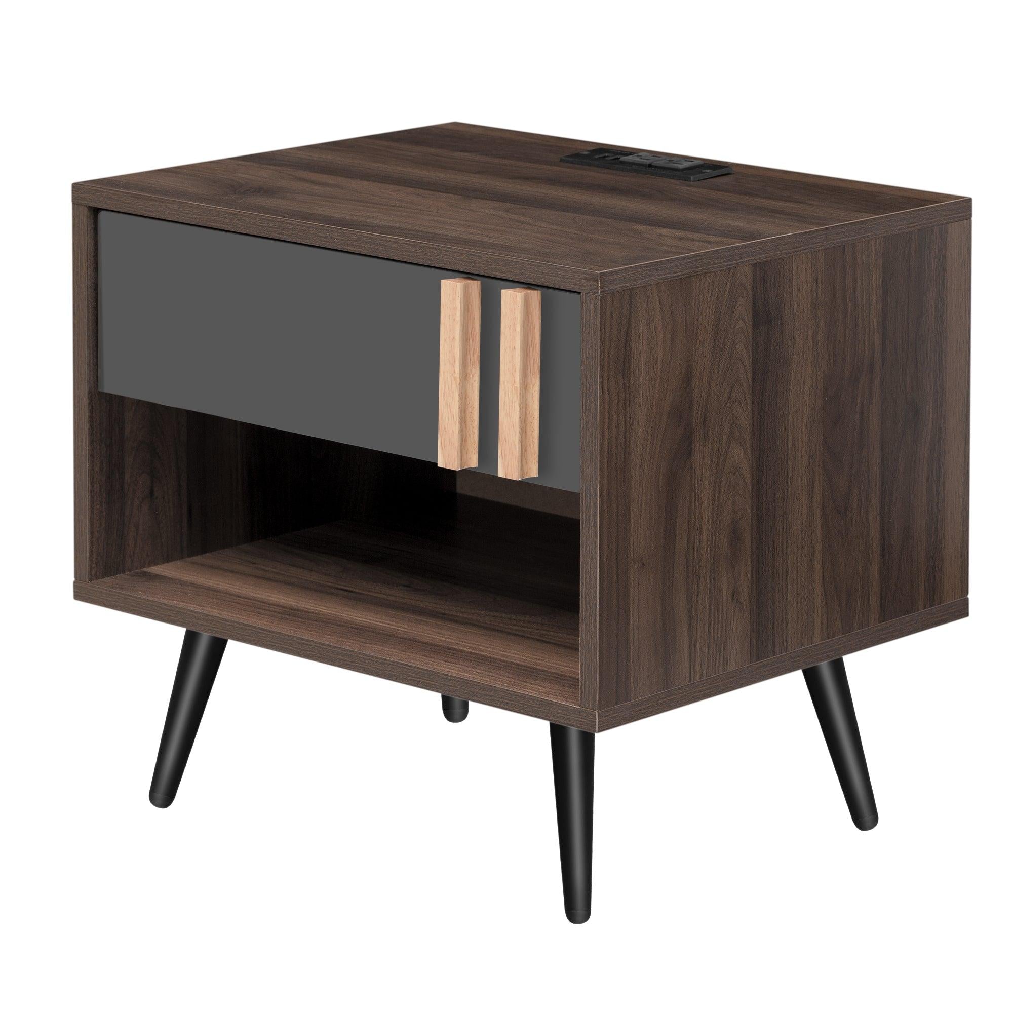 Wooden Nightstand with USB Charging Ports，End Table for Bedroom,Gray+Walnut