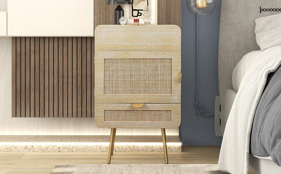 Wooden Nightstand with Rattan Panel,Two Drawers ,One Cabinet and Metal Feet  Bedside Table (Natural)