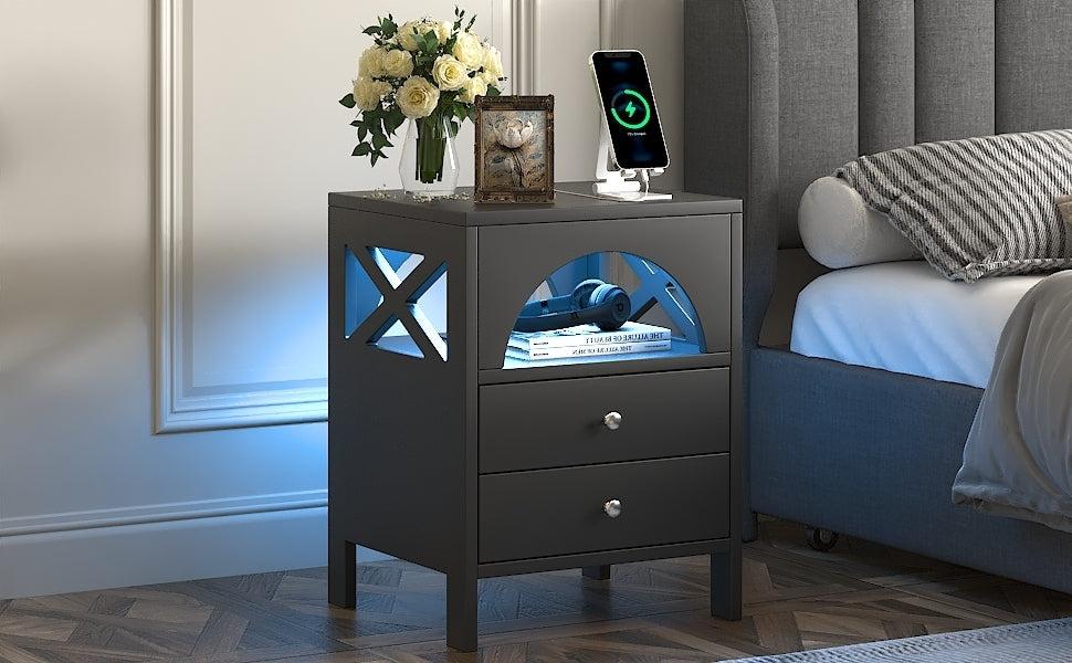 Nightstand with USB Charging Ports and LED Lights,End Table with 2 Drawers and Shelf,Black