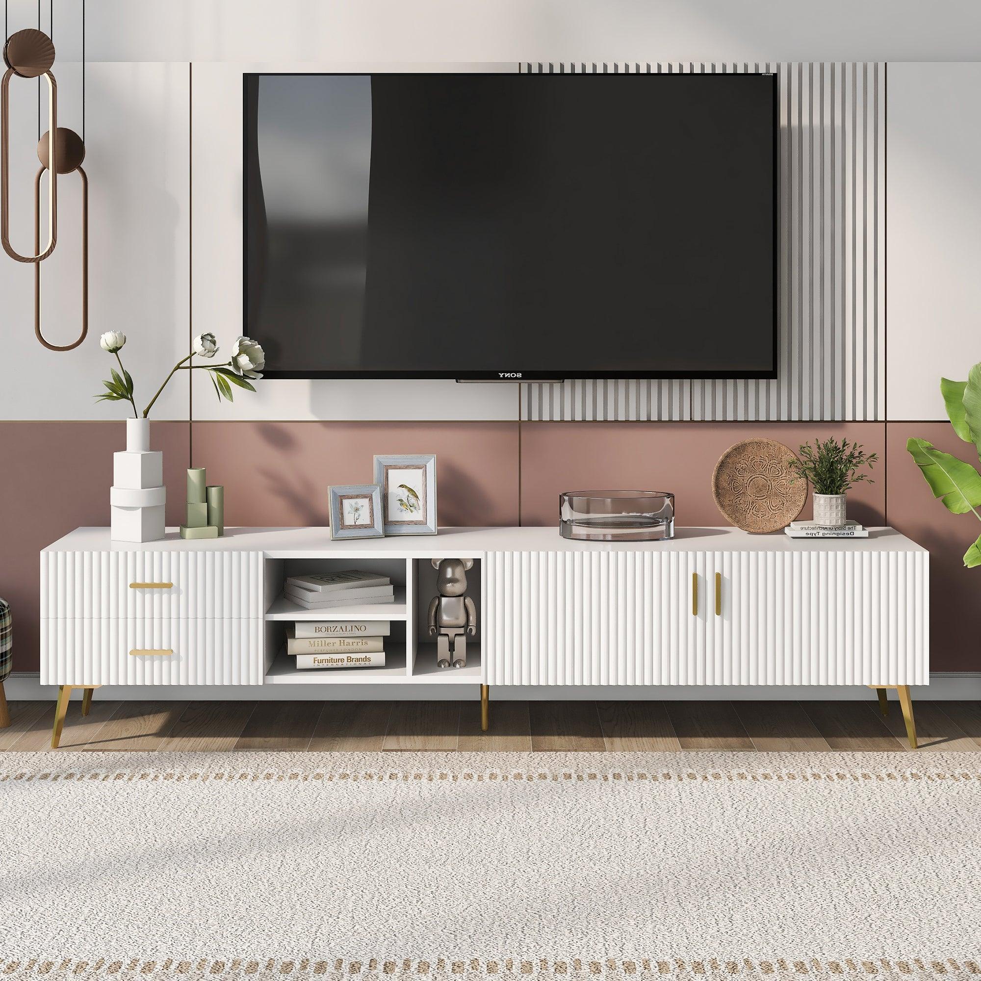 Modern TV Stand with 5 Champagne legs - Durable, stylish, spacious, versatileStorage TVS up to 77" (White)