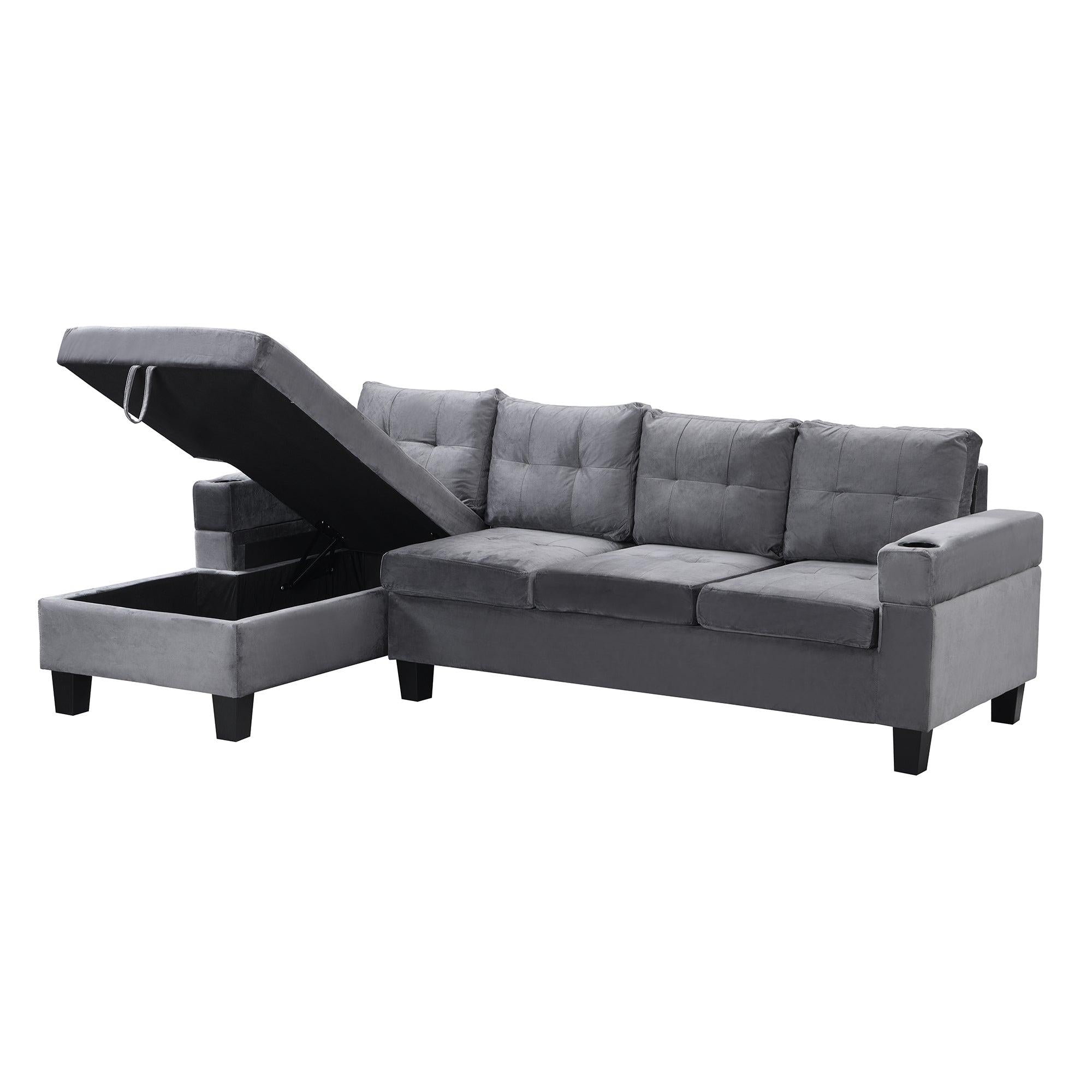 Sectional Sofa Set for Living Room with L Shape  Chaise Lounge ,cup holder and  Left  Hand withStorage Chaise Modern 4 Seat (Grey) 
--LEFT CHAISE WITHStorage