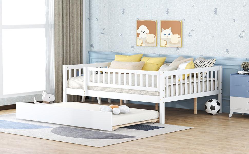 Full Size Wood Daybed with Trundle and Fence Guardrails, White