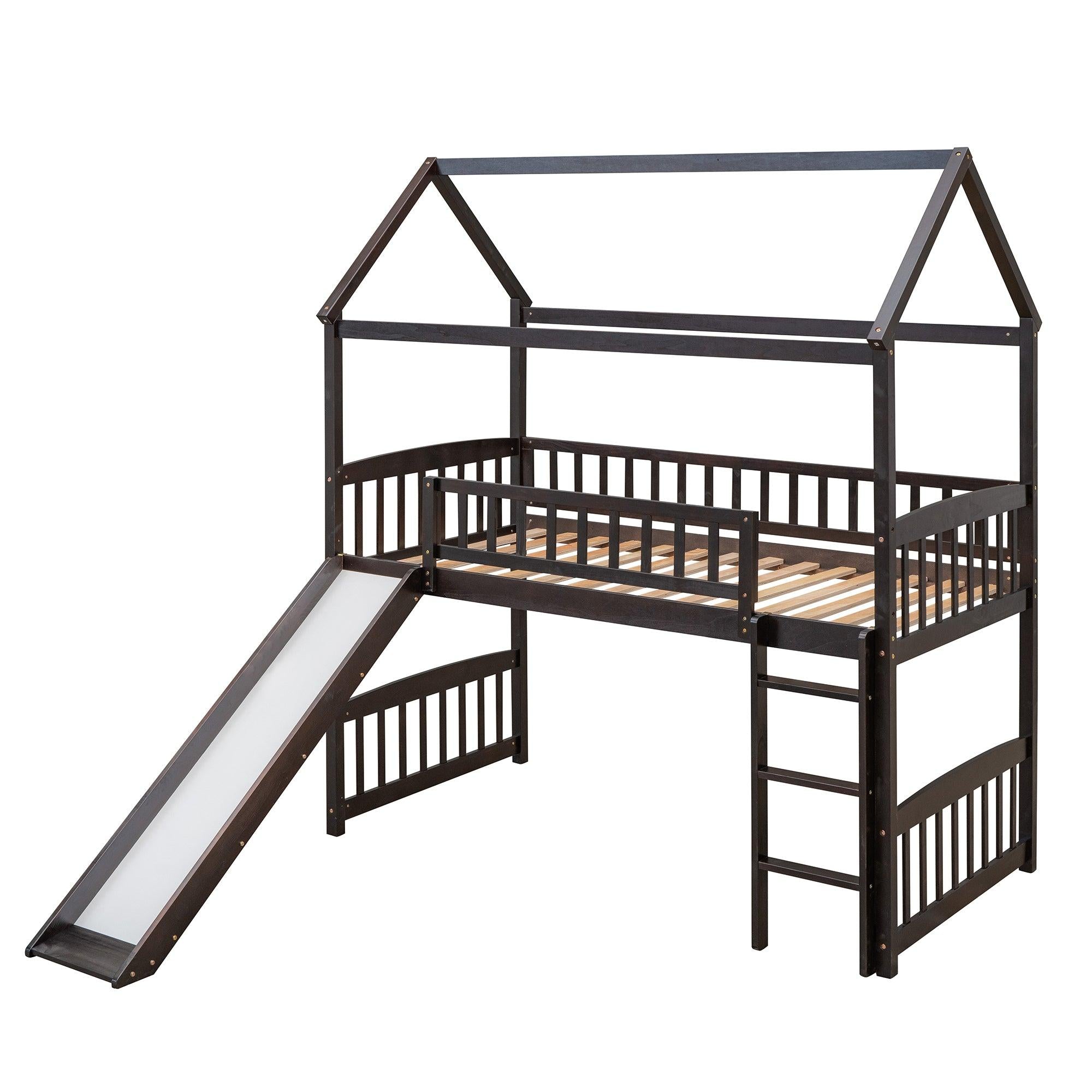 Twin Loft Bed with Slide, House Bed with Slide,Espresso