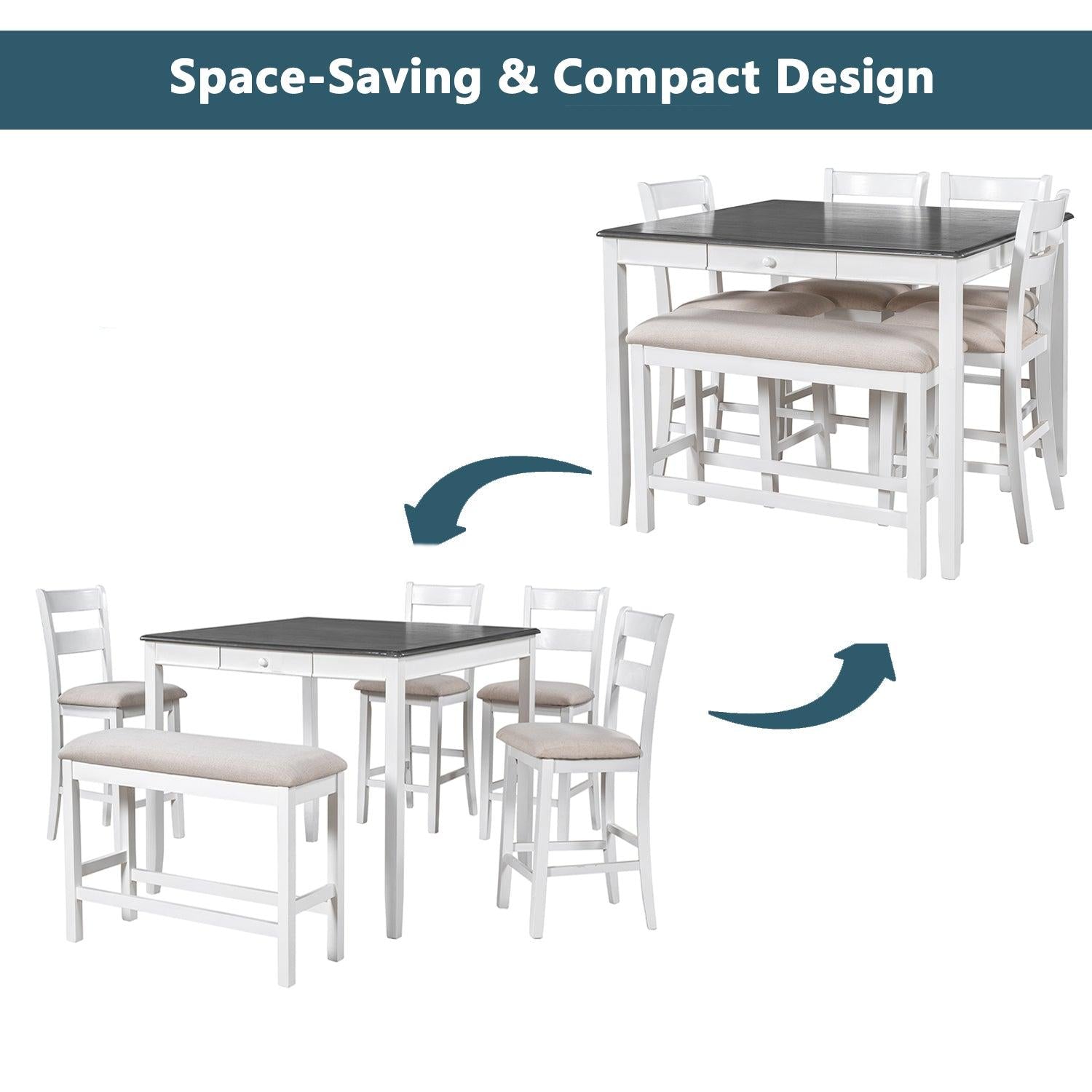 Wood 6-Piece Dining Table Set withStorage Drawer, Counter Height Square Kitchen Set with Upholstered Chair and Bench, White