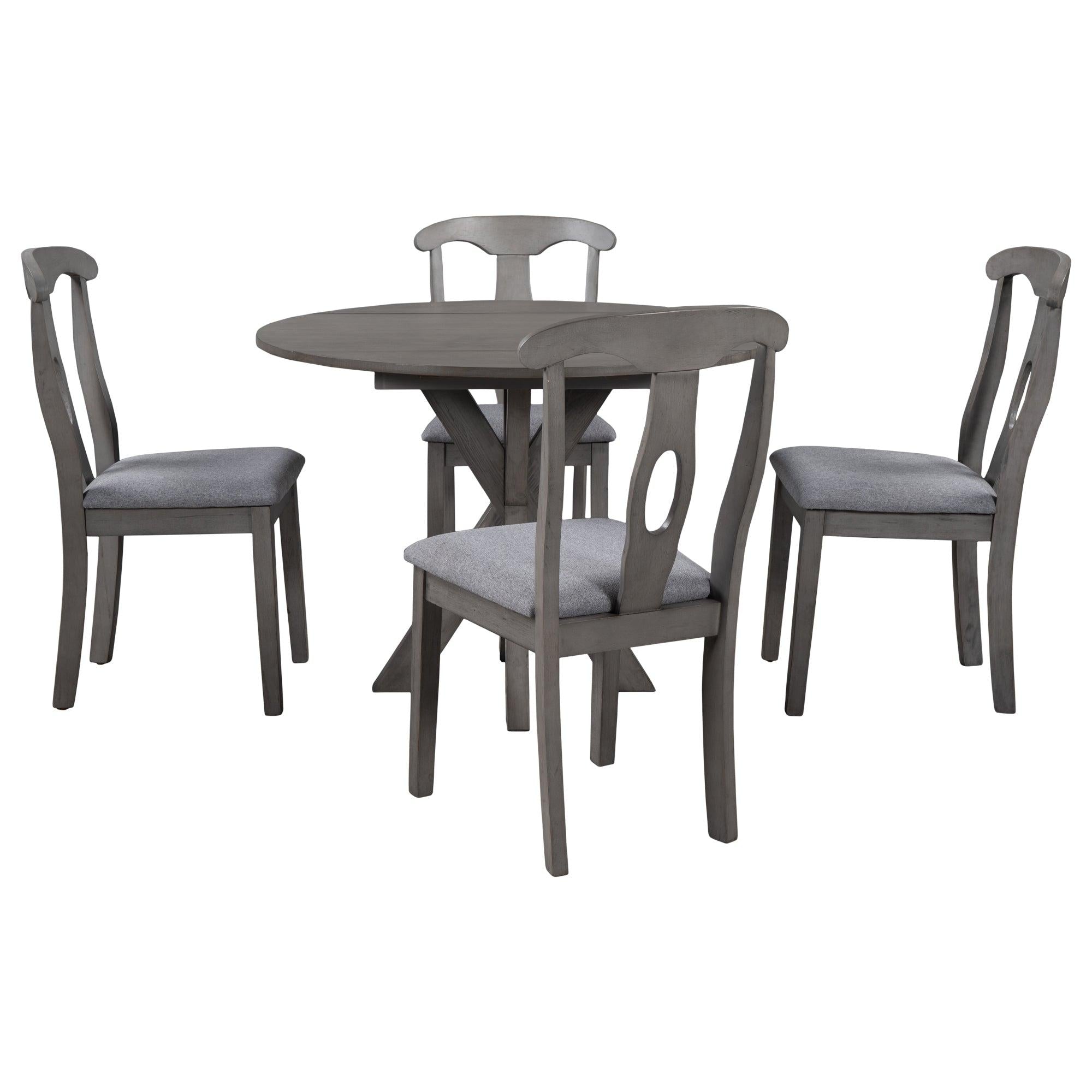 Rustic Farmhouse 5-Piece Wood Round Dining Table Set for 4, Kitchen Furniture with Drop Leaf and 4 Padded Dining Chairs for Small Places, Grey